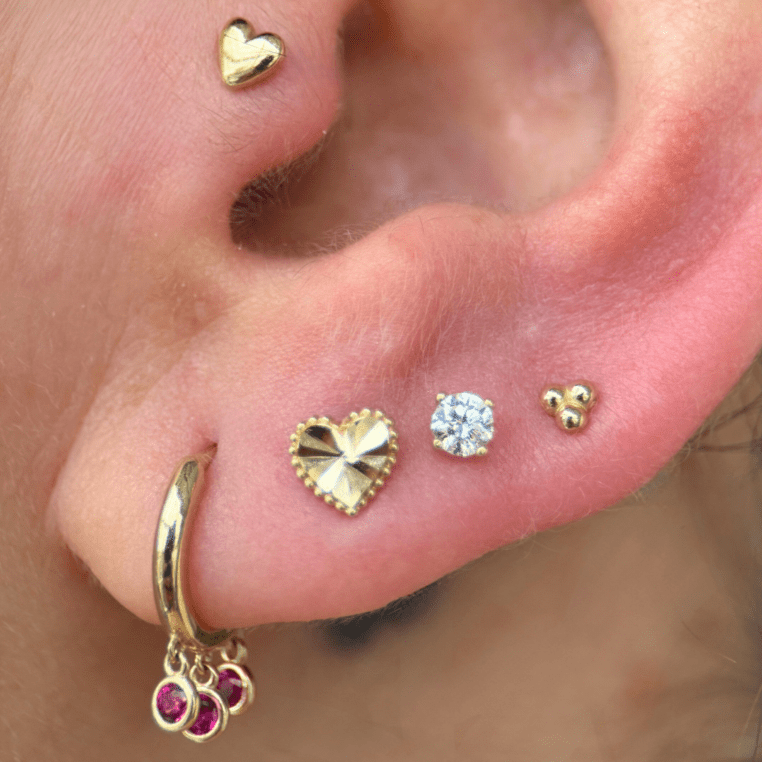 Diamond Cut Solid 14k Yellow Gold Heart Flat Back Stud