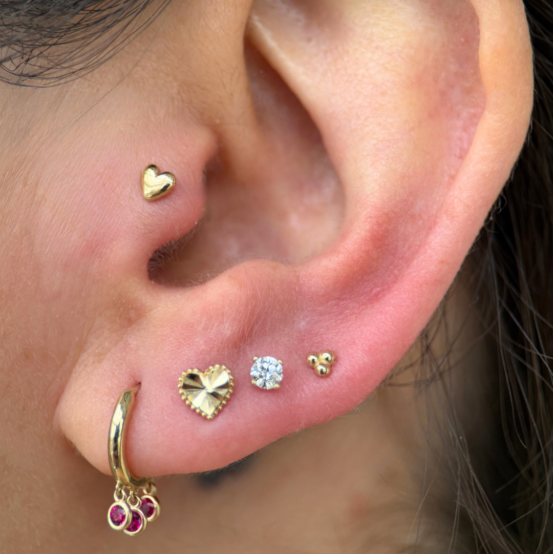 Trinity Beaded Cluster Flat Back Stud in Solid 14k Yellow Gold