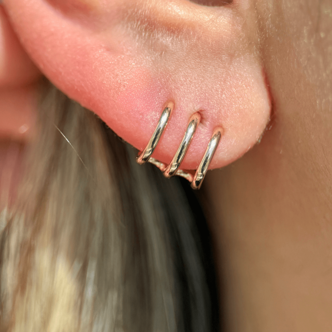 Triple Illusion Hoop Ball Back Huggie Stud in Solid 14k Rose Gold