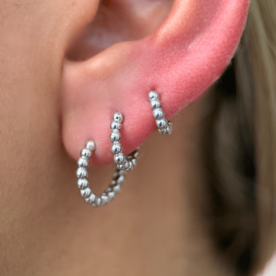 Bubble Beaded Hoop Earring in Solid 14k White Gold