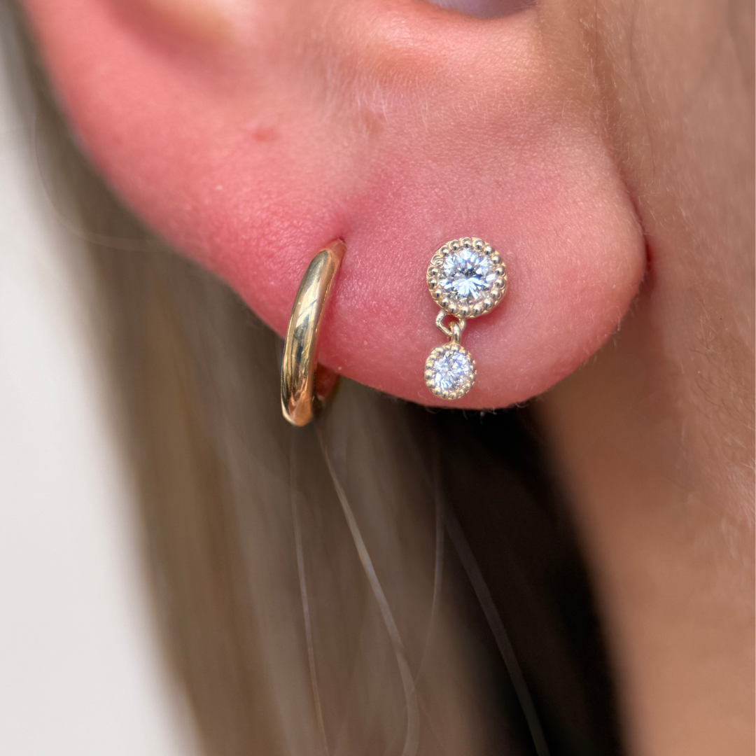 Double Diamond Drop Flat Back Stud in Solid 14k White Gold