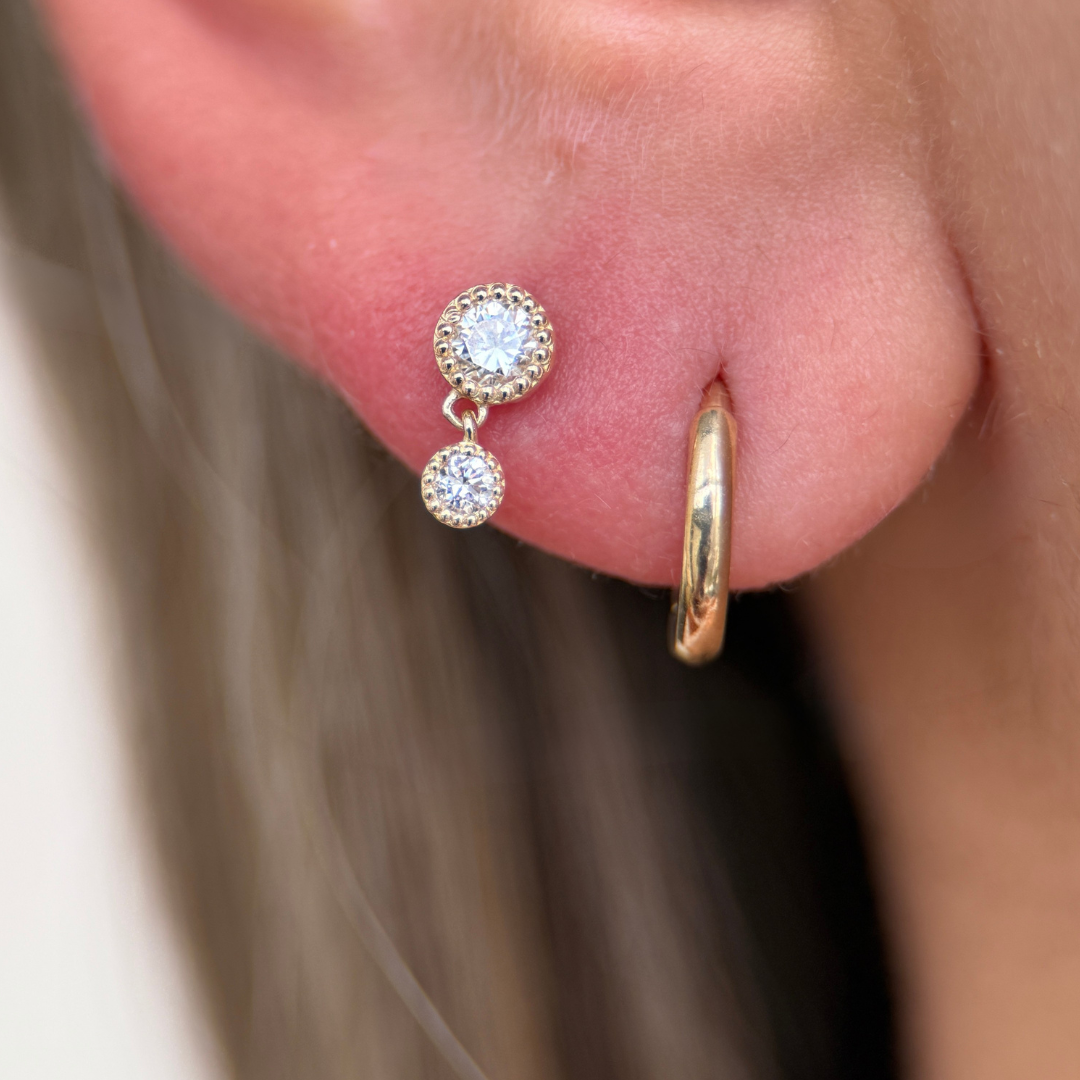 Double Diamond Drop Flat Back Stud in Solid 14k White Gold