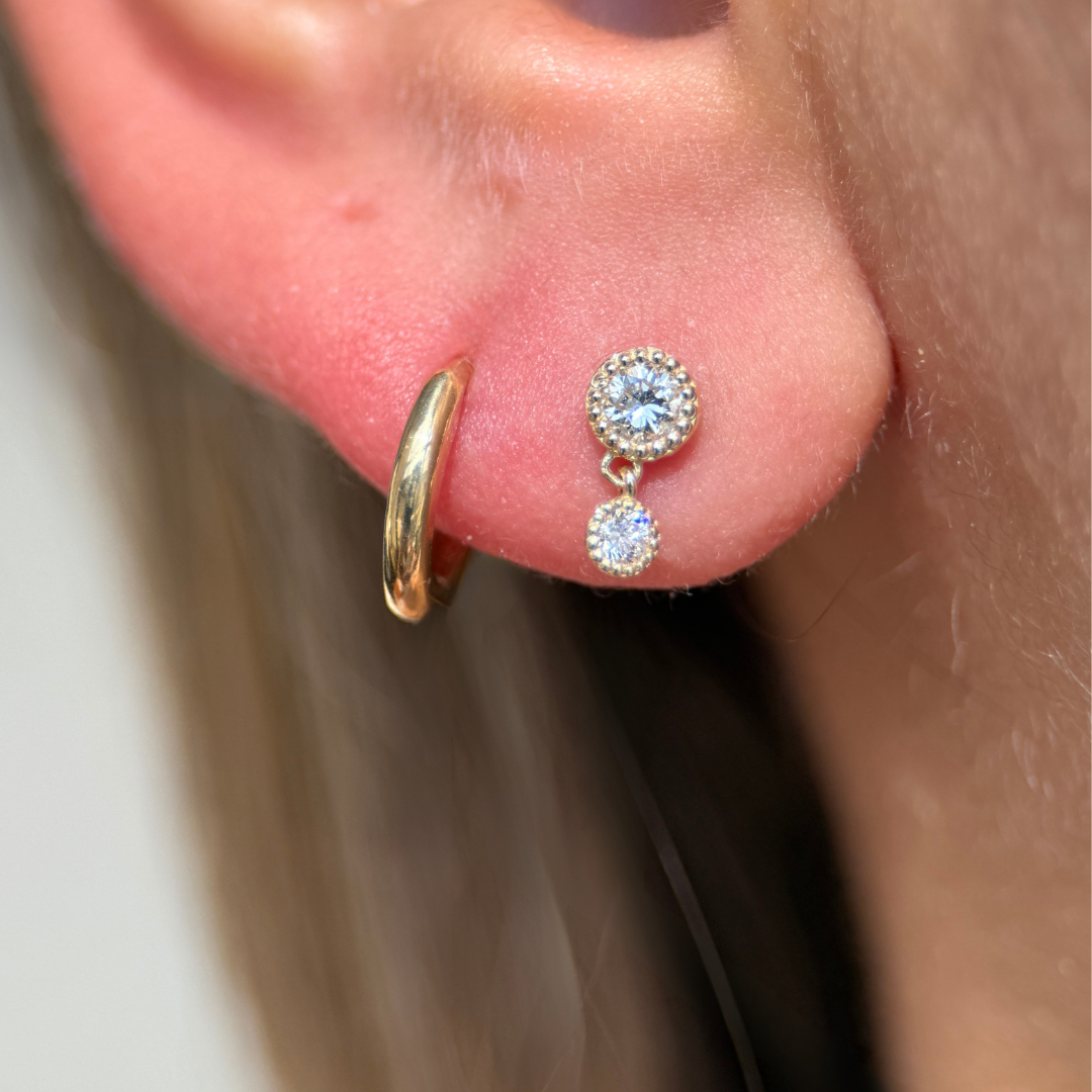 Double Diamond Drop Flat Back Stud in Solid 14k White Gold