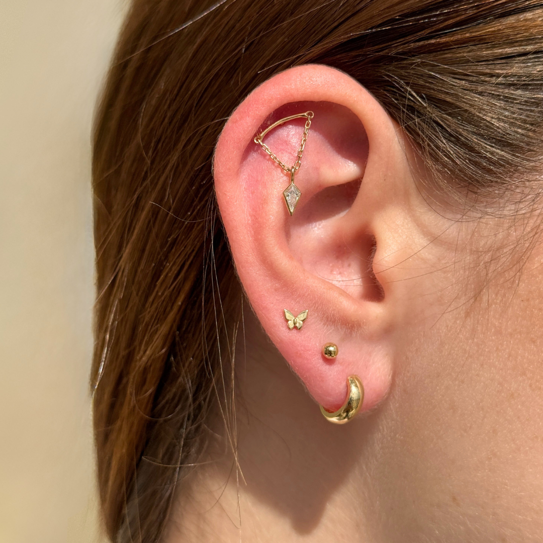 Kite Cut Gemstone Draped Threaded Flat Back Stud in Solid 14k Yellow Gold