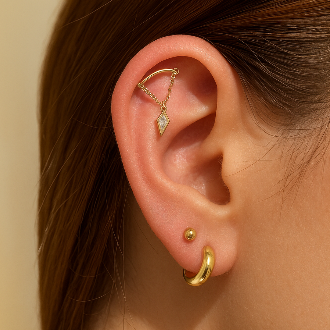 Kite Cut Gemstone Draped Threaded Flat Back Stud in Solid 14k Yellow Gold