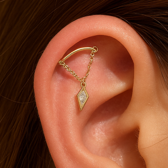 Kite Cut Gemstone Draped Threaded Flat Back Stud in Solid 14k Yellow Gold
