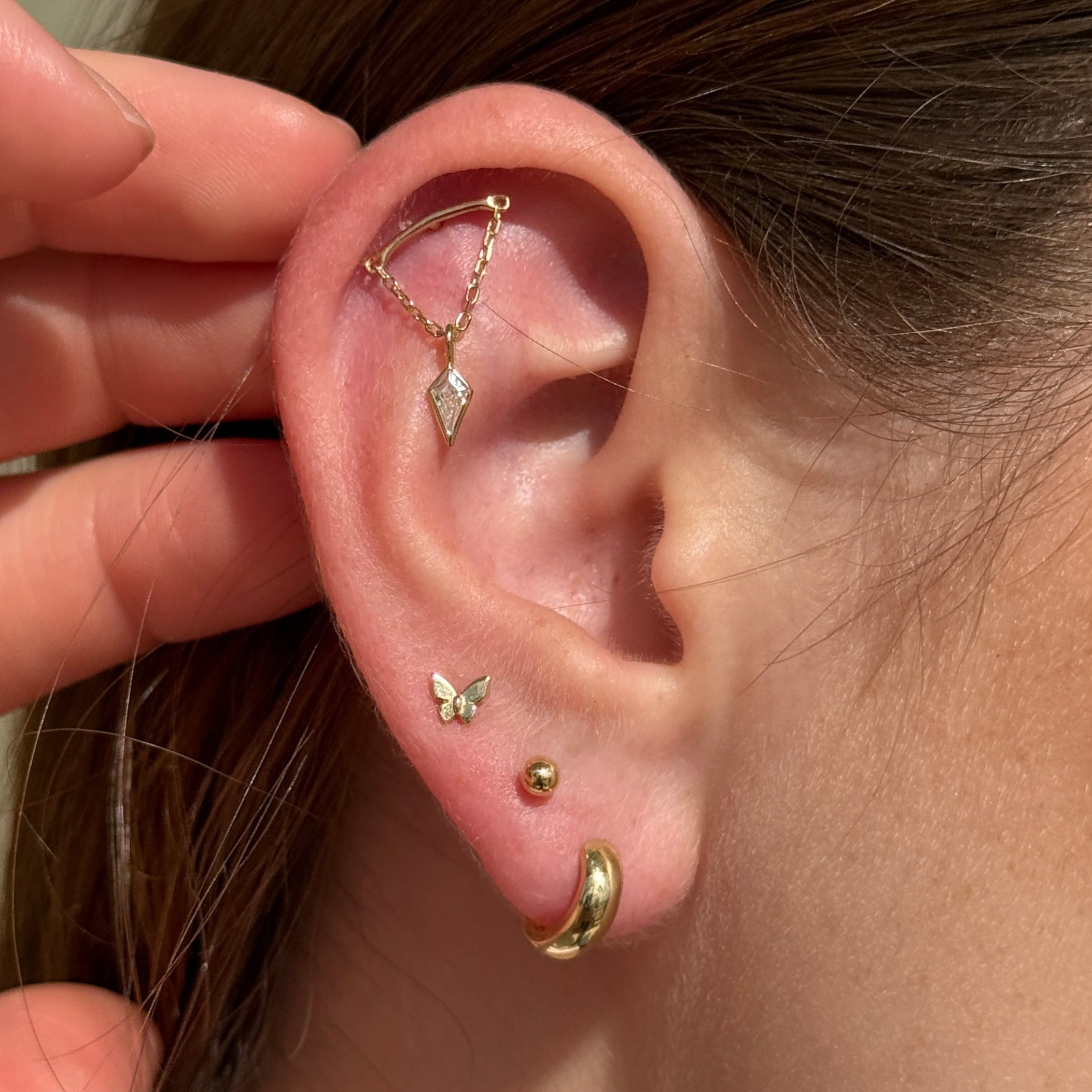 Kite Cut Gemstone Draped Threaded Flat Back Stud in Solid 14k Yellow Gold