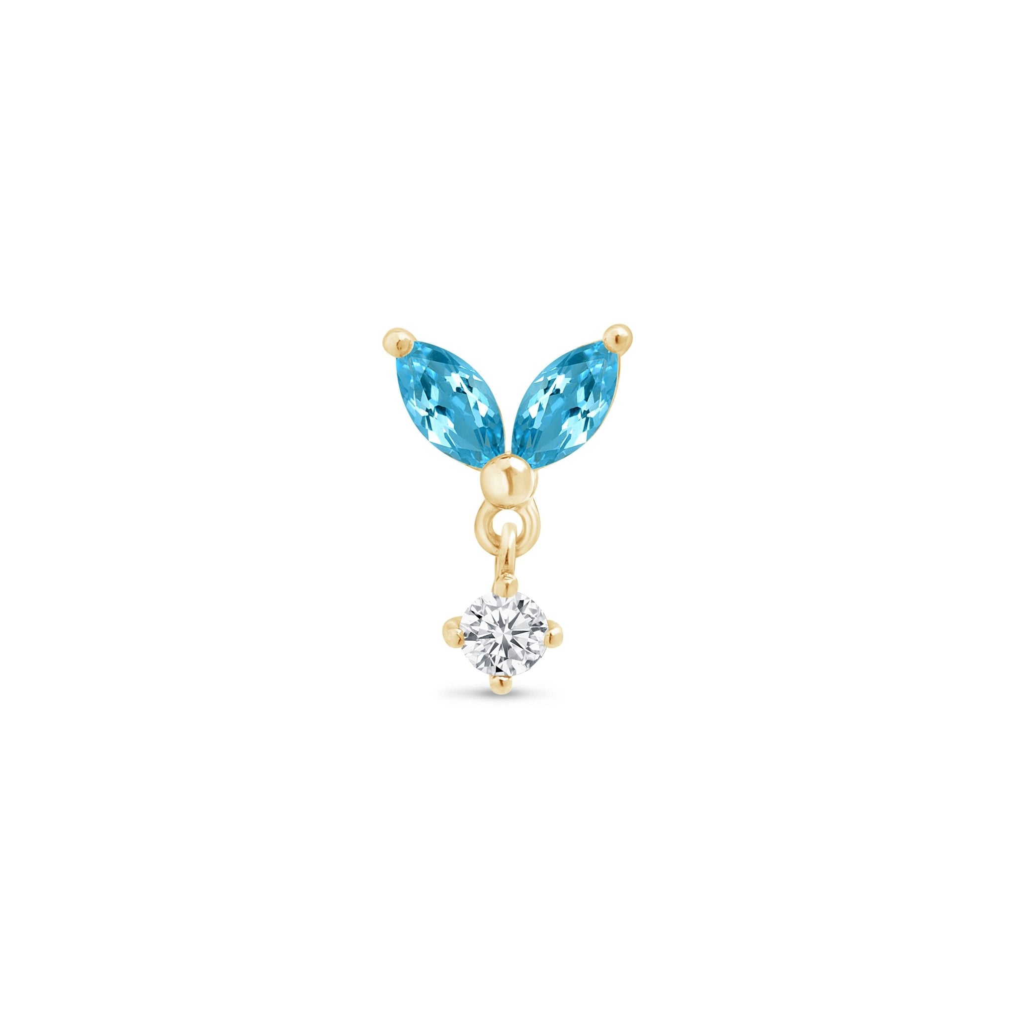 Blue Topaz Double Marquise Drop Flat Back Stud in Solid 14k Yellow Gold