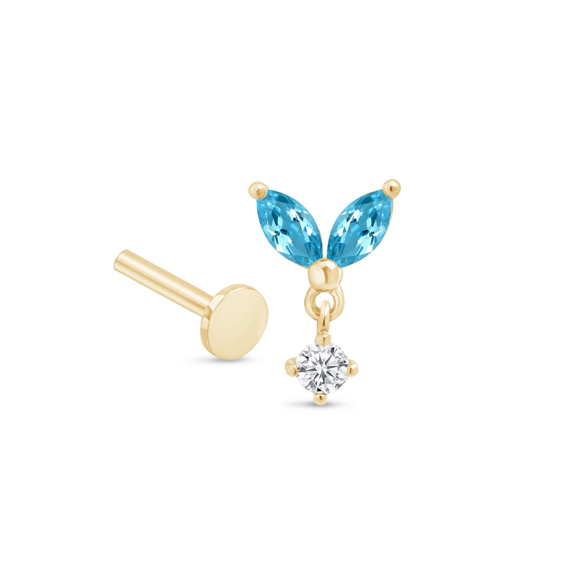 Blue Topaz Double Marquise Drop Flat Back Stud in Solid 14k Yellow Gold