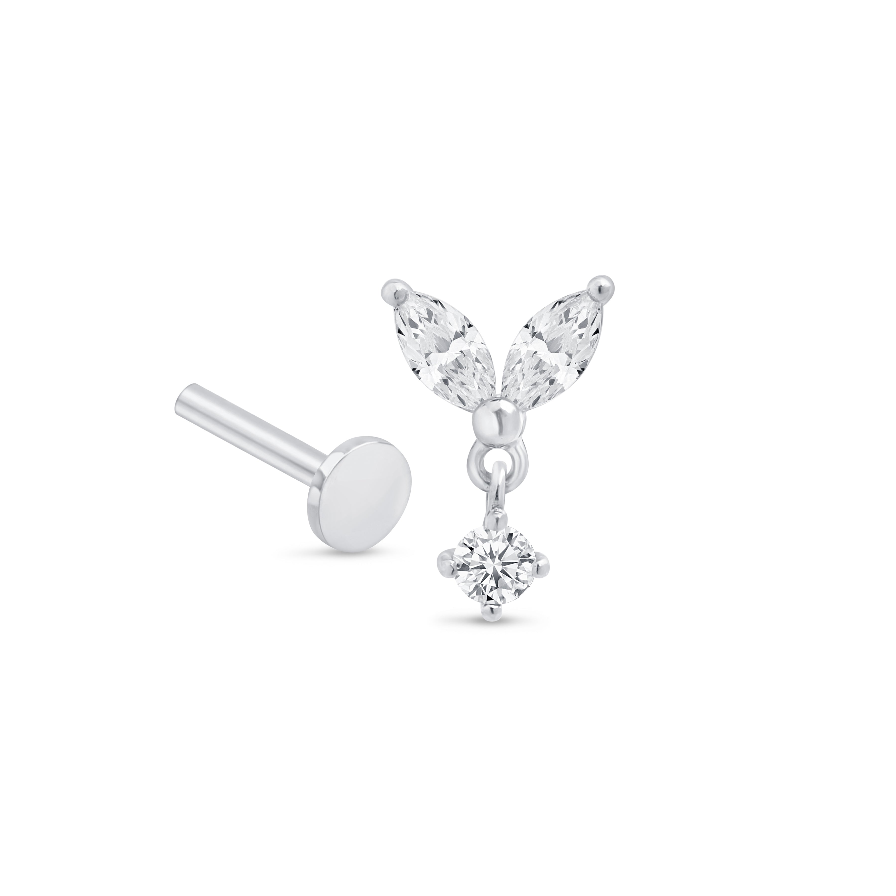 Double Marquise Gemstone Drop Flat Back Stud in Solid 14k White Gold