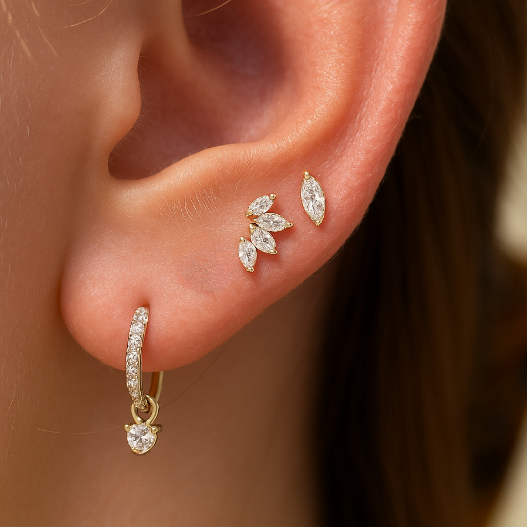Marquise Gemstone Flat Back Stud in Solid 14k Yellow Gold