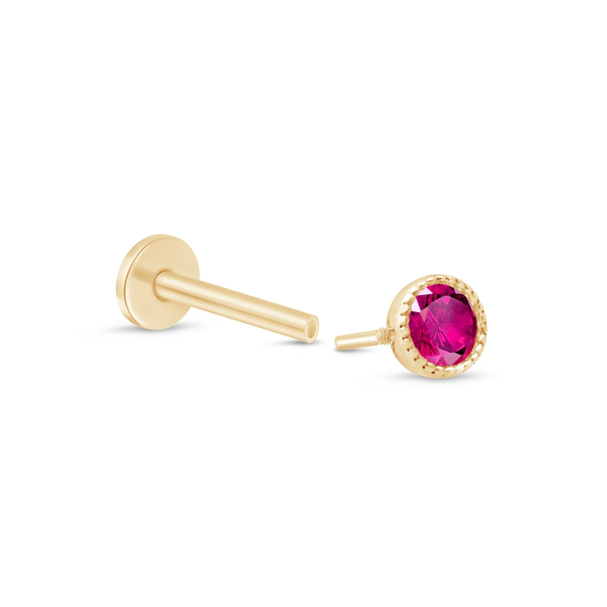 Ruby Flat Back Stud Milgrain Set in Solid 14k Yellow Gold