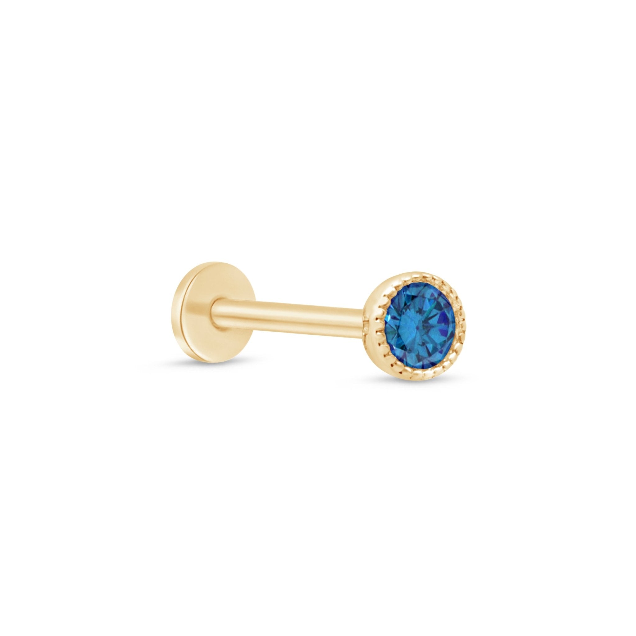 London Blue Topaz Flat Back Stud Milgrain Set in Solid 14k Yellow Gold