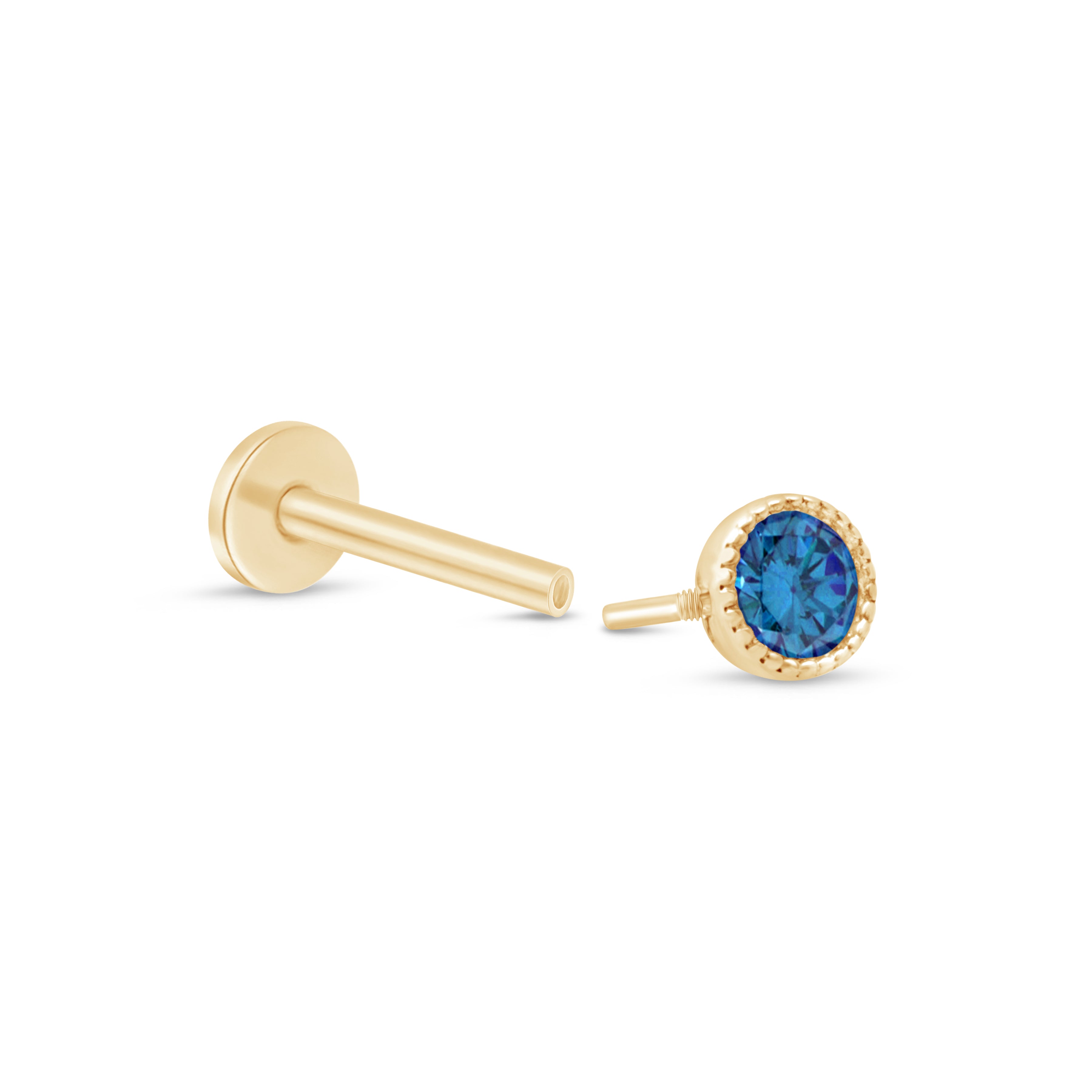 London Blue Topaz Flat Back Stud Milgrain Set in Solid 14k Yellow Gold