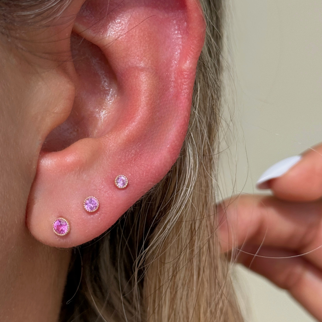 Pink Milgrain Flat Back Stud in Solid 14k Yellow Gold