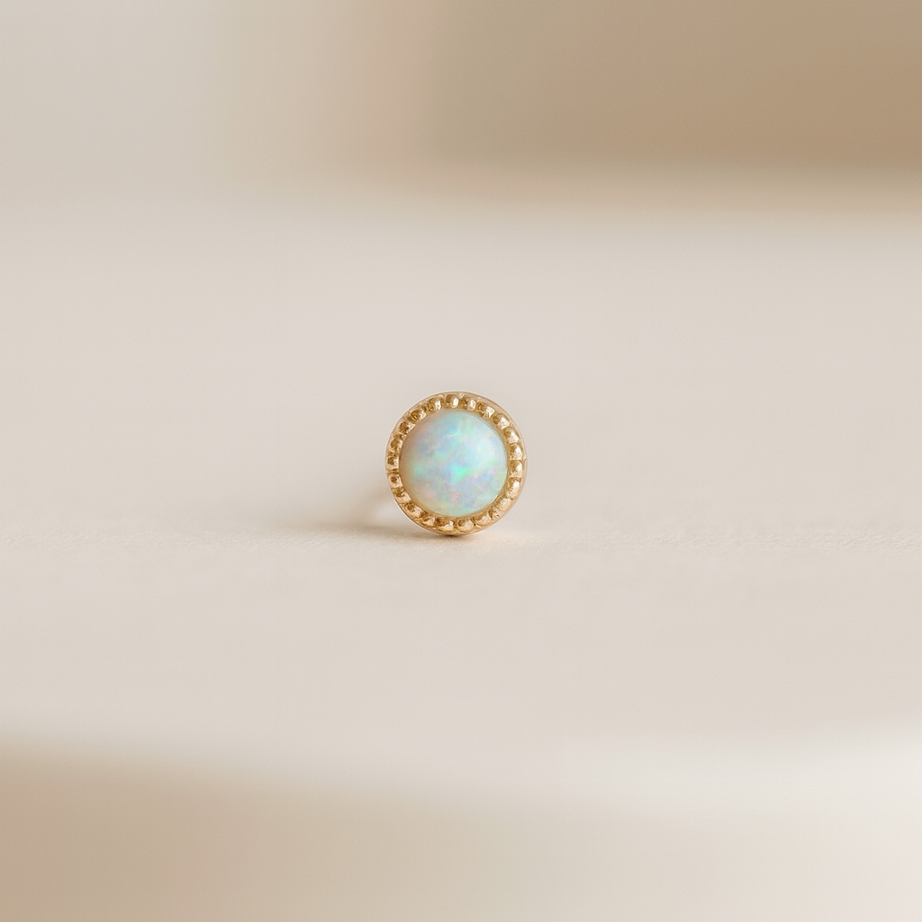 Solid 14k Gold Round Opal Stud Earring