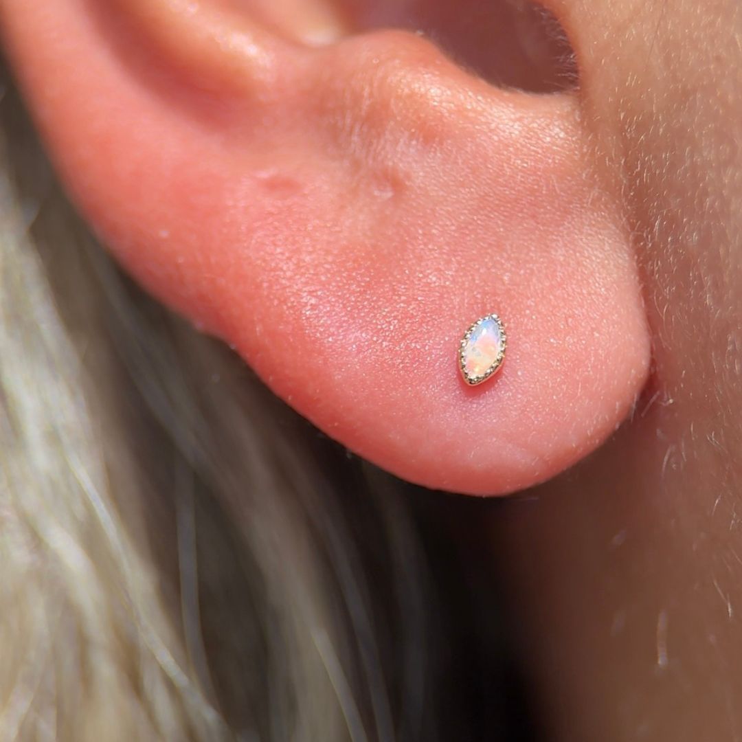 Solid 14k Gold Marquise Opal Milgrain Stud Earring