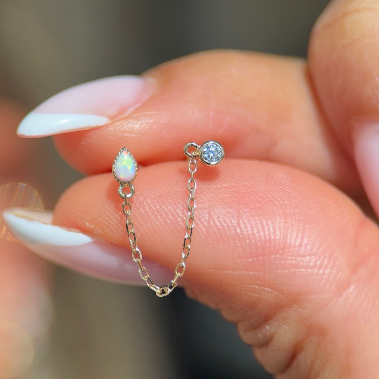 Solid 14k Gold Opal CZ Double Stud Chain Earring
