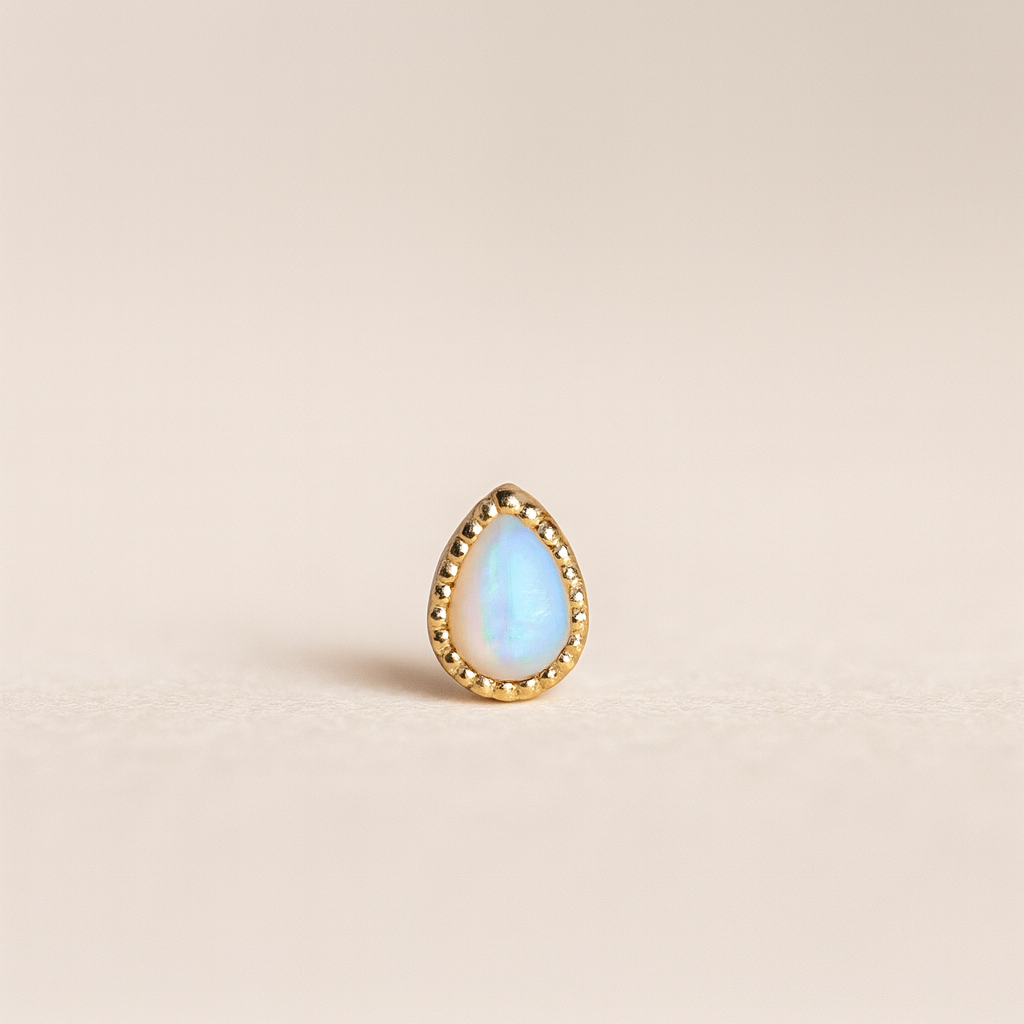 Solid 14k Gold Teardrop Opal Milgrain Stud Earring