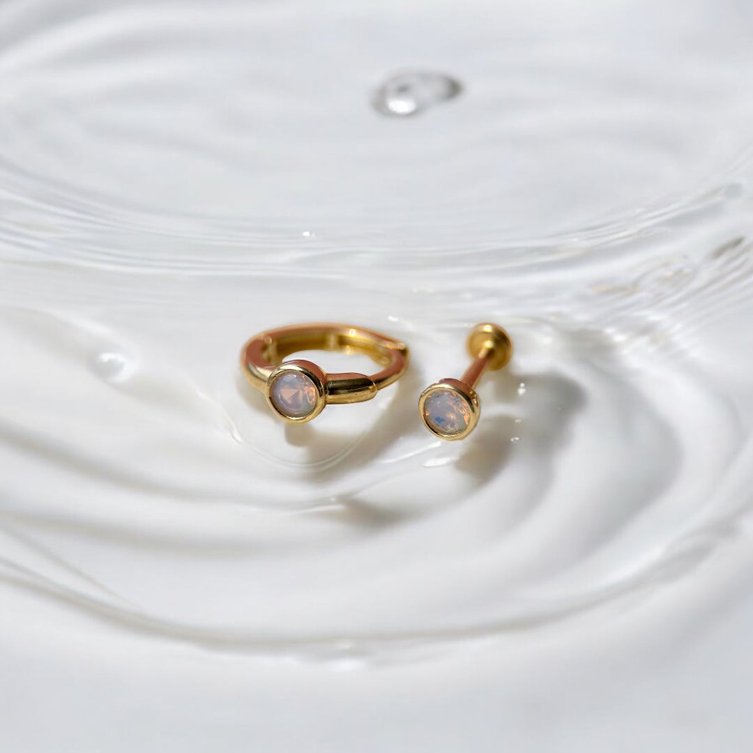 Bezel Set Opal Huggie in Solid 14k Yellow Gold