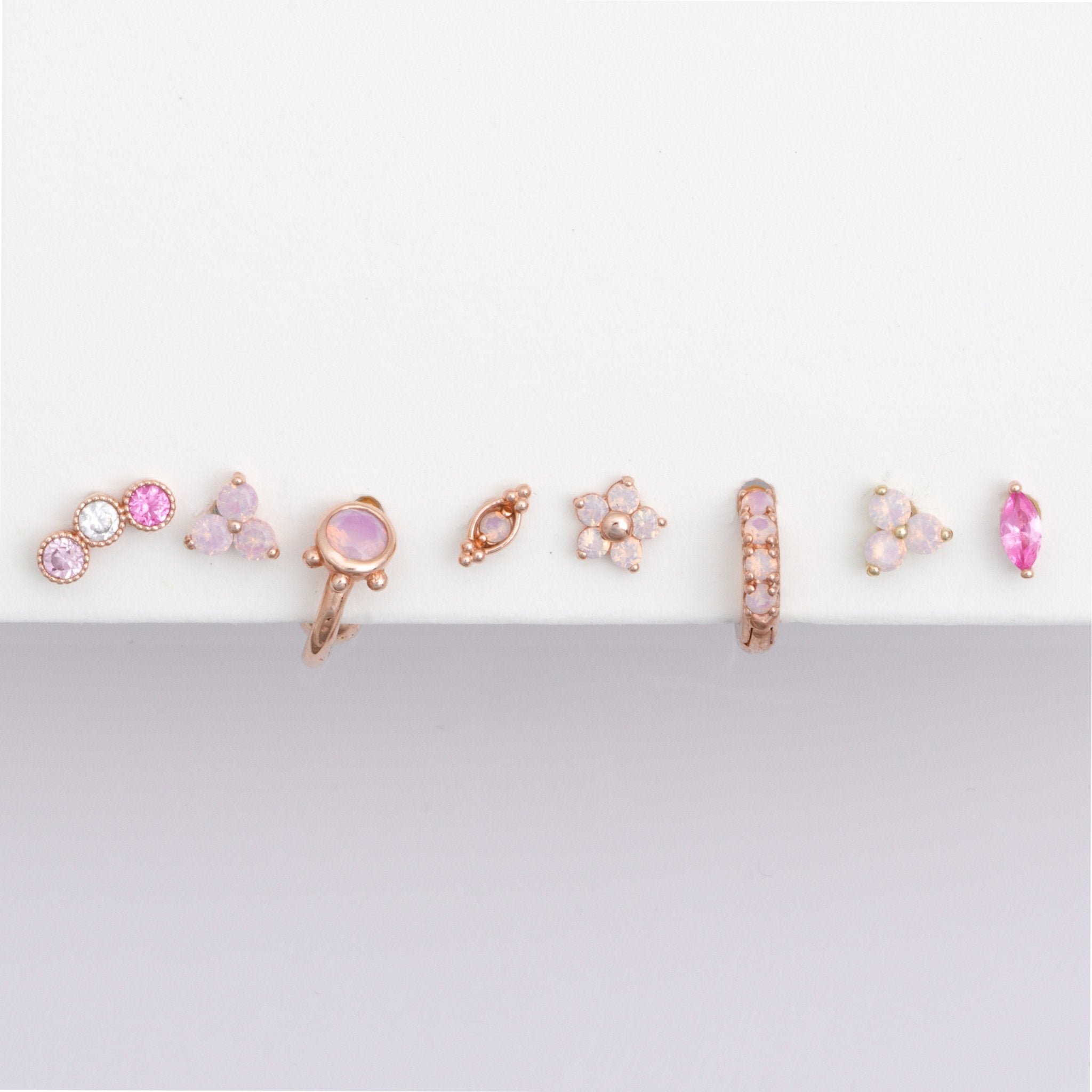 Pink Opal Trinity Cluster Flat Back Stud in Solid 14k Yellow Gold