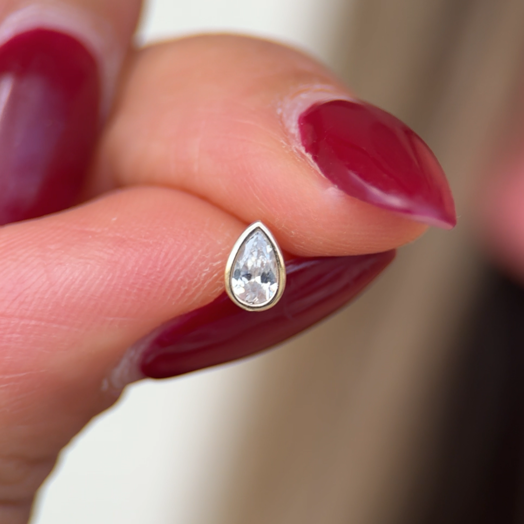 Pear Gemstone Flat Back Stud Bezel Set in Solid 14k White Gold