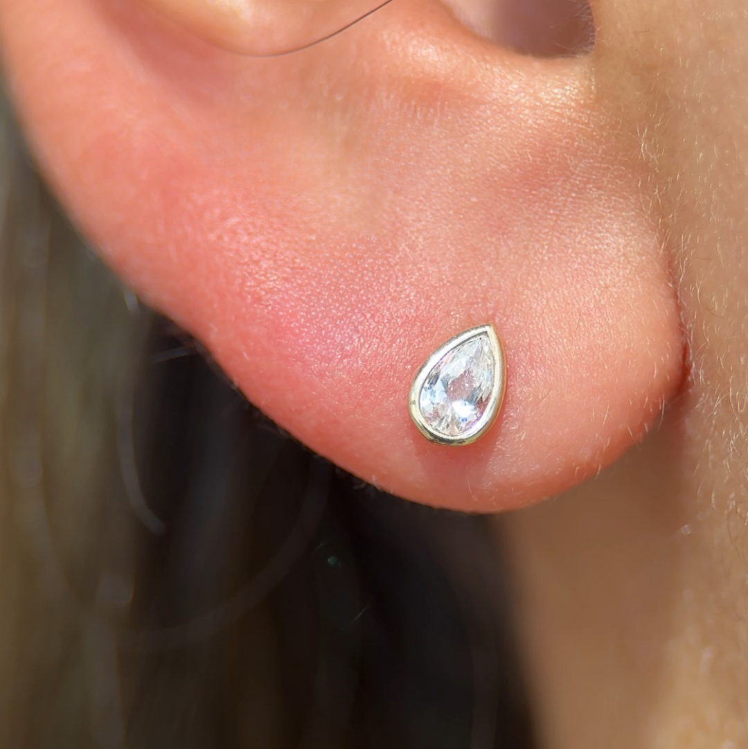 Pear Gemstone Flat Back Stud Bezel Set in Solid 14k White Gold