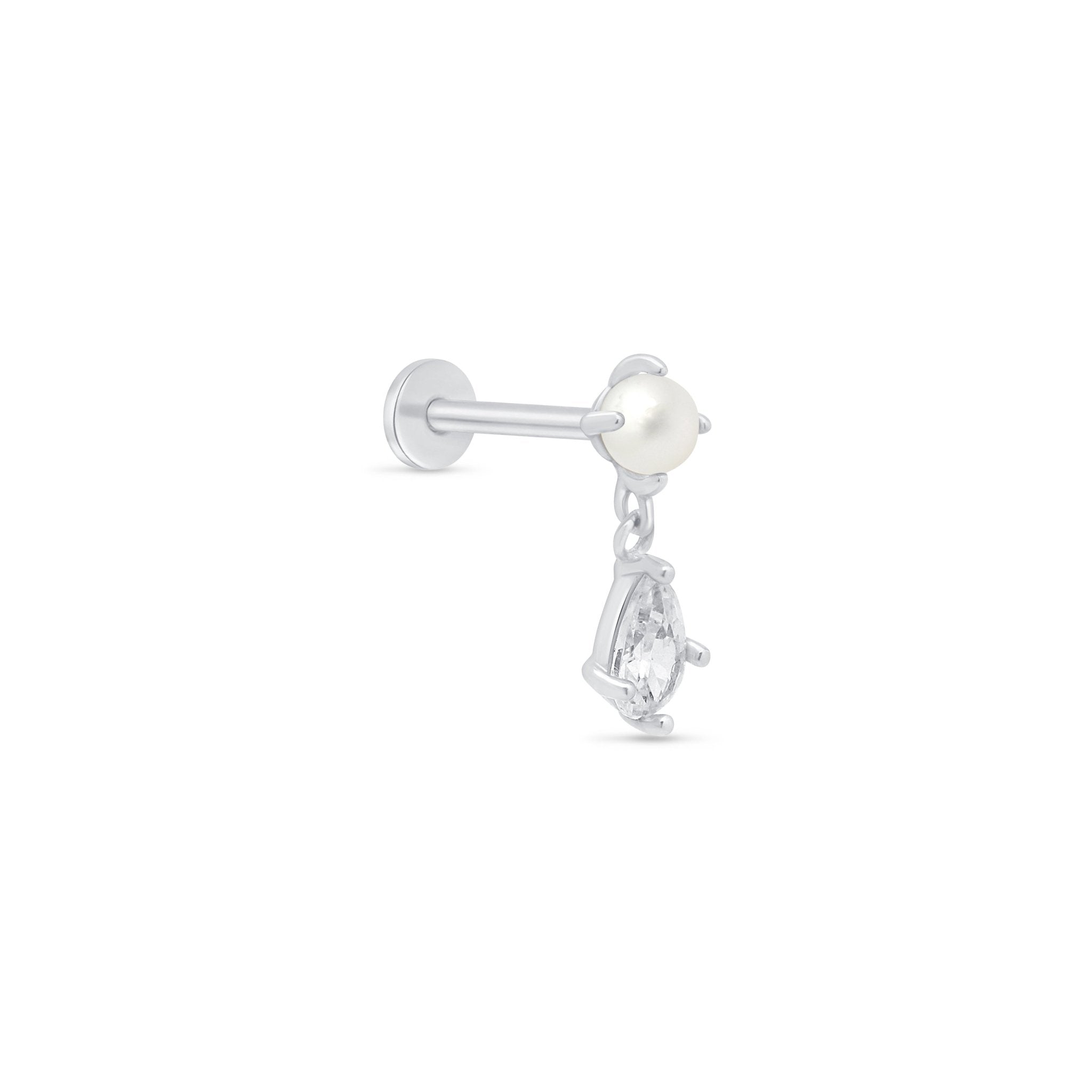 Pearl & Marquise Drop Flat Back Stud in Solid 14k White Gold