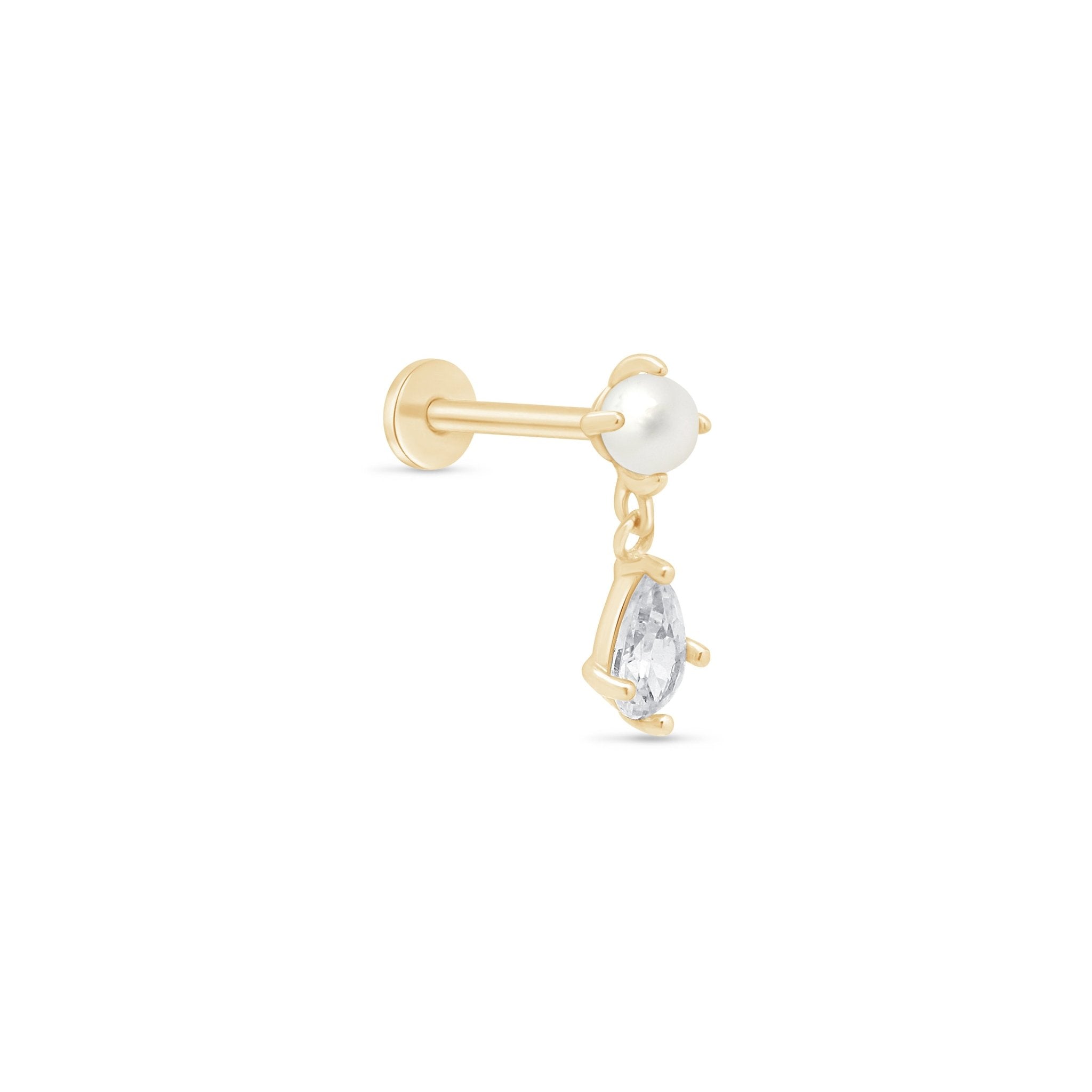 Pearl & Marquise Drop Flat Back Stud in Solid 14k Yellow Gold