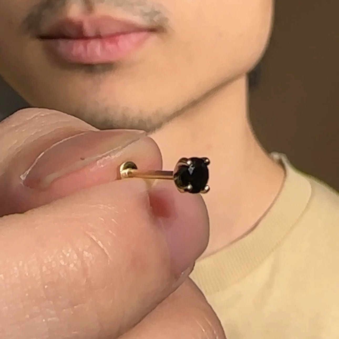 Black Diamond Cartilage Flat Back Stud in Solid 14k Yellow Gold