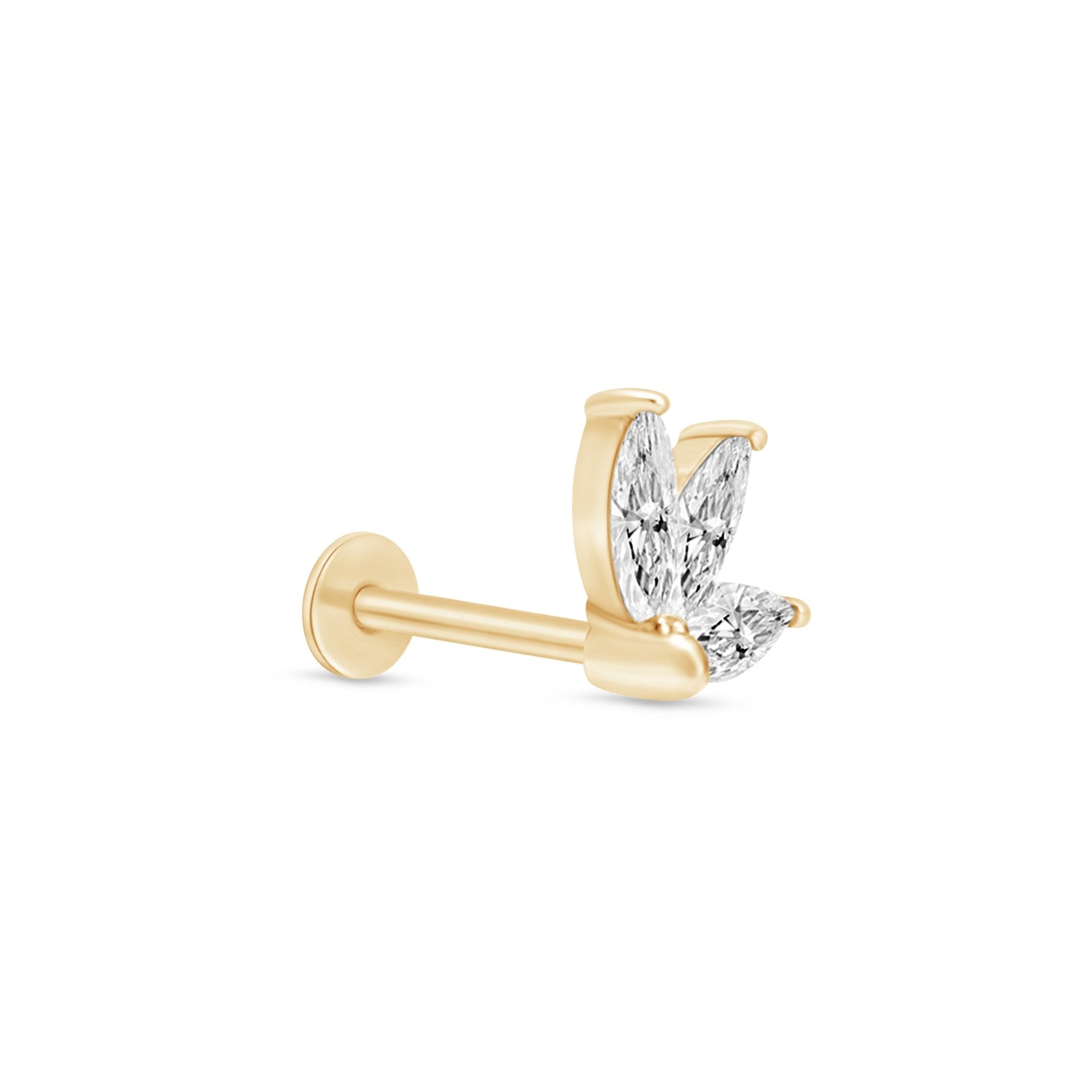Marquise Gemstone Lotus Flat Back Stud in Solid 14k Yellow Gold
