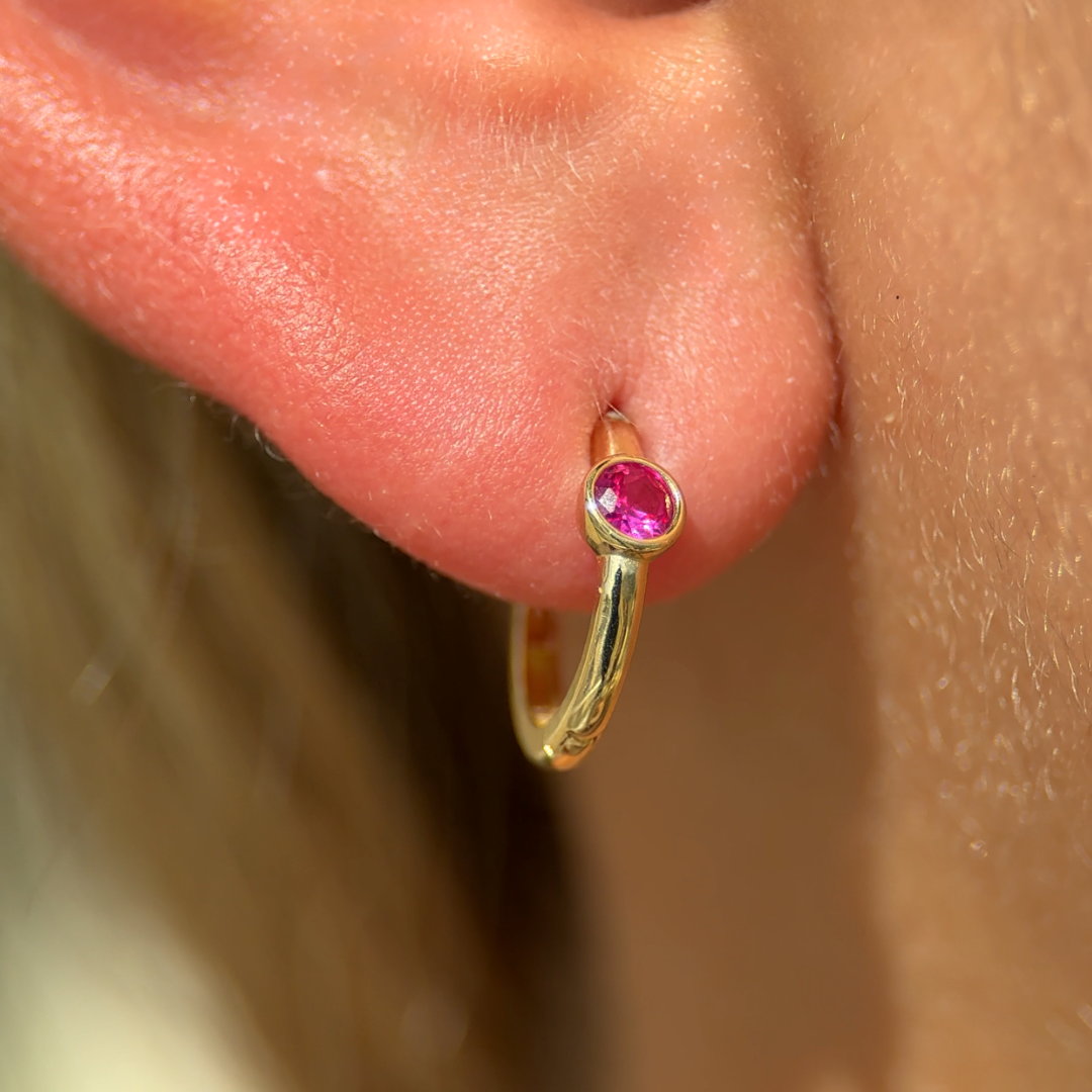 Ruby Huggie Bezel Set in Solid 14k Yellow Gold