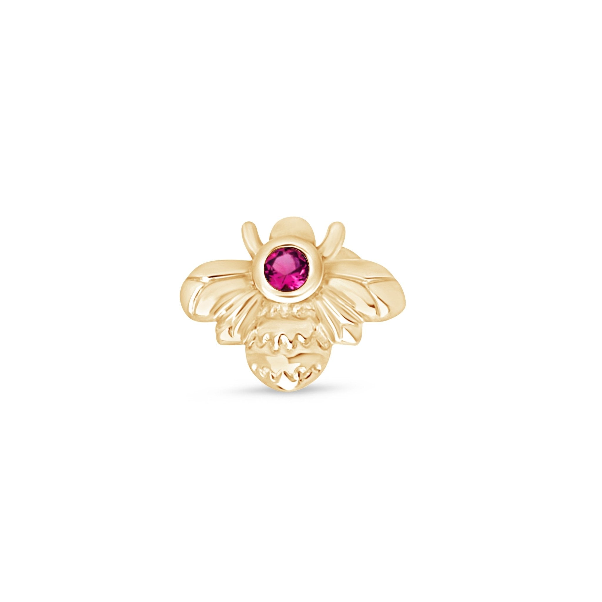 Pink Ruby Bee Flat Back Stud in Solid 14k Yellow Gold