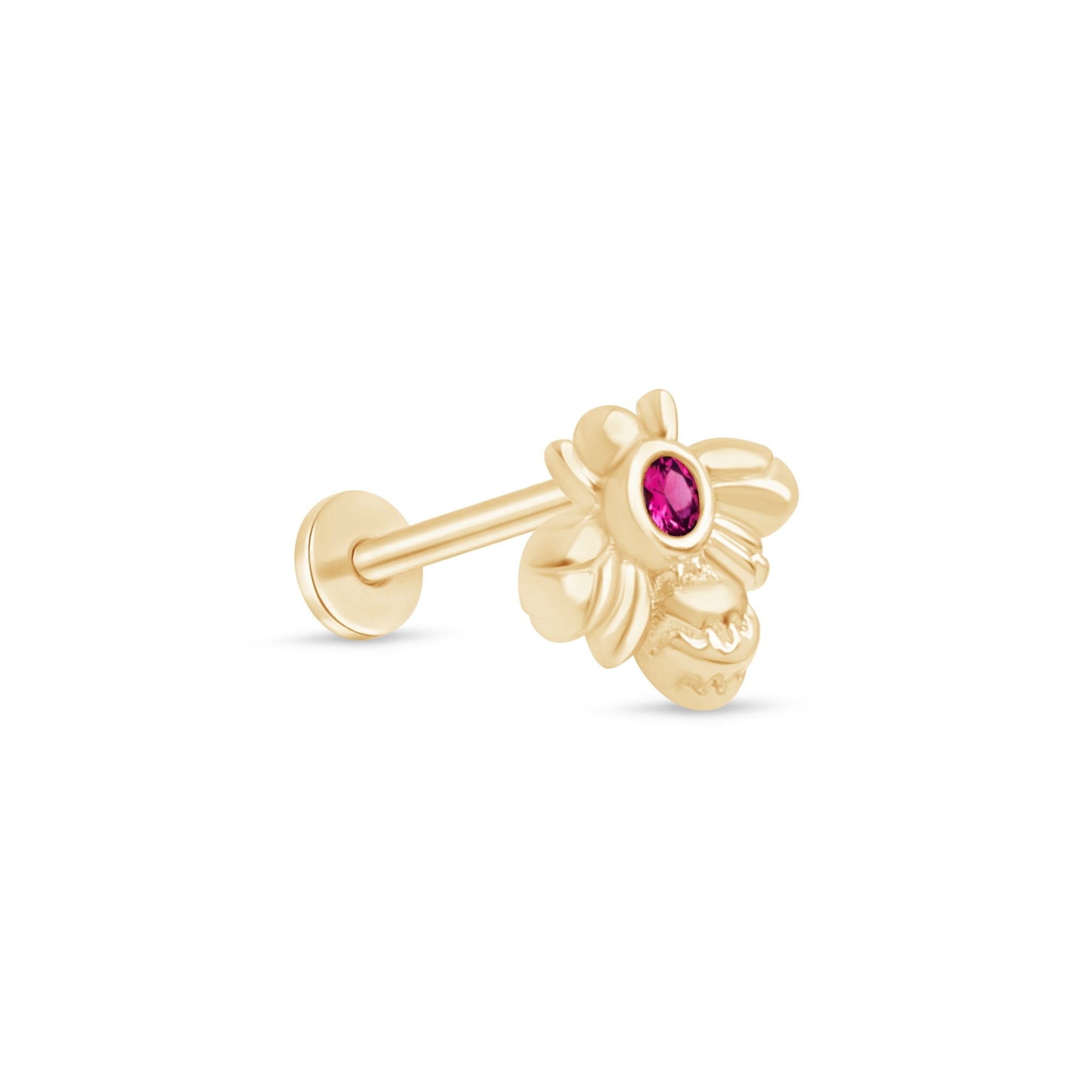 Pink Ruby Bee Flat Back Stud in Solid 14k Yellow Gold