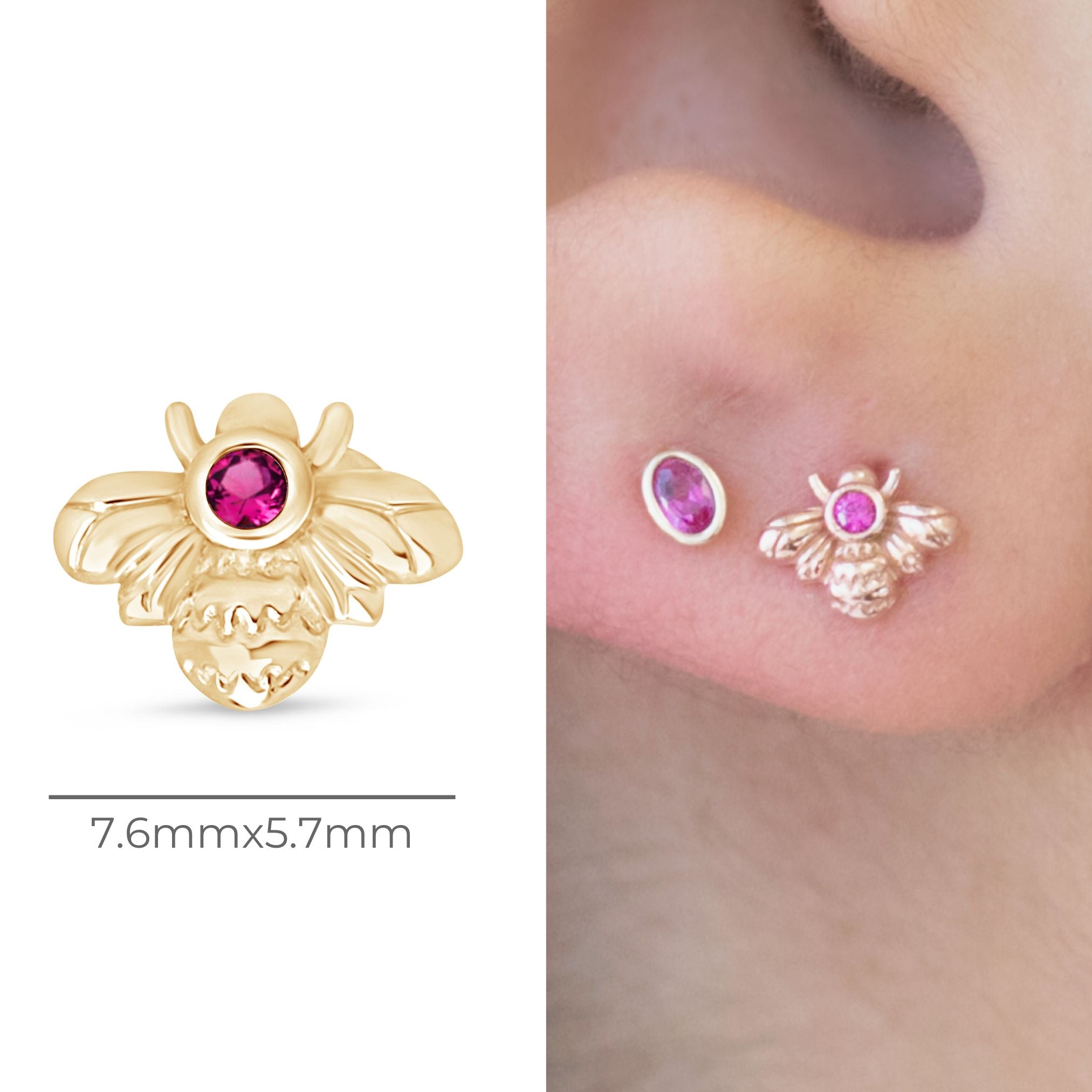 Pink Ruby Bee Flat Back Stud in Solid 14k Yellow Gold