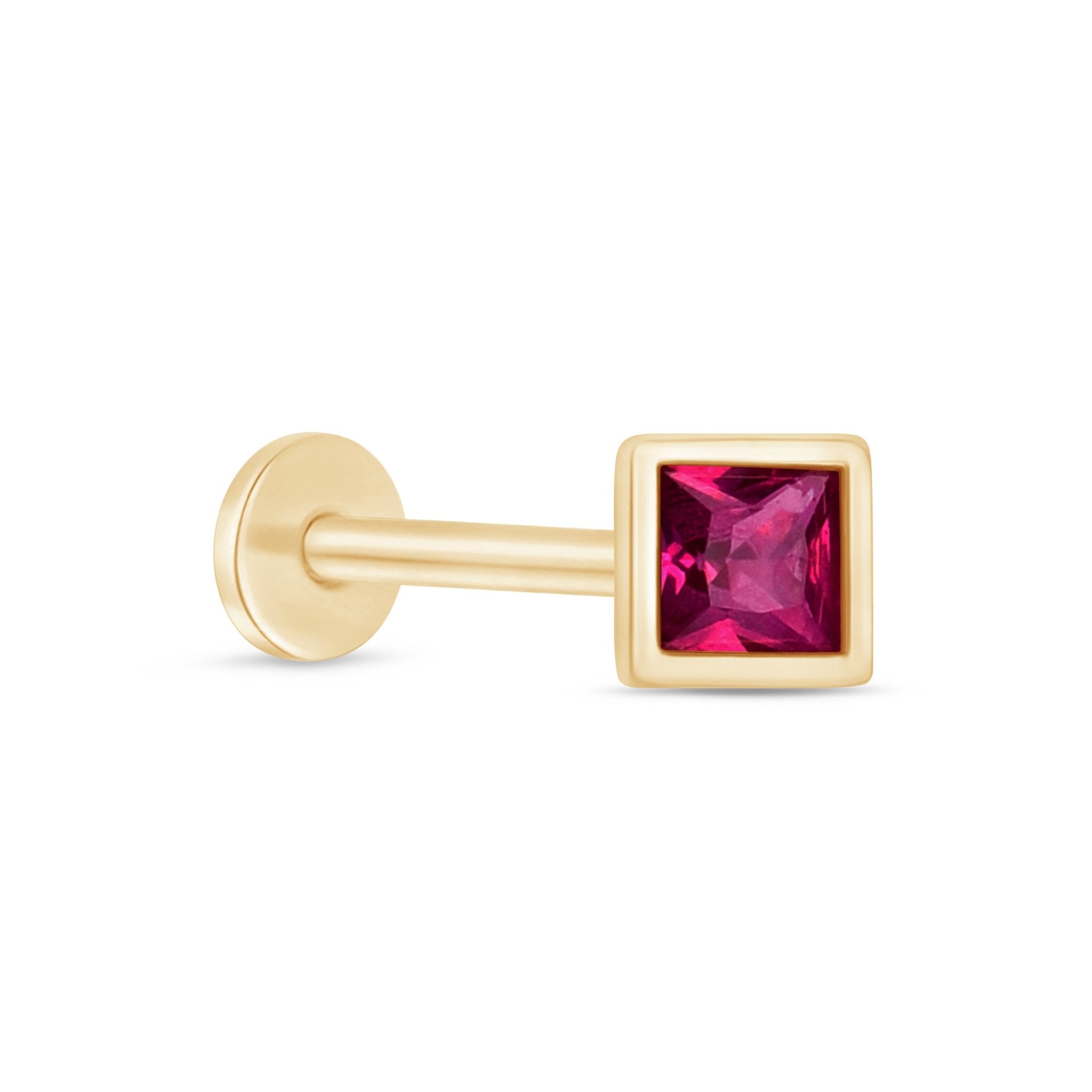 Princess Cut Pink Ruby Flat Back Stud Bezel Set in Solid 14k Yellow Gold
