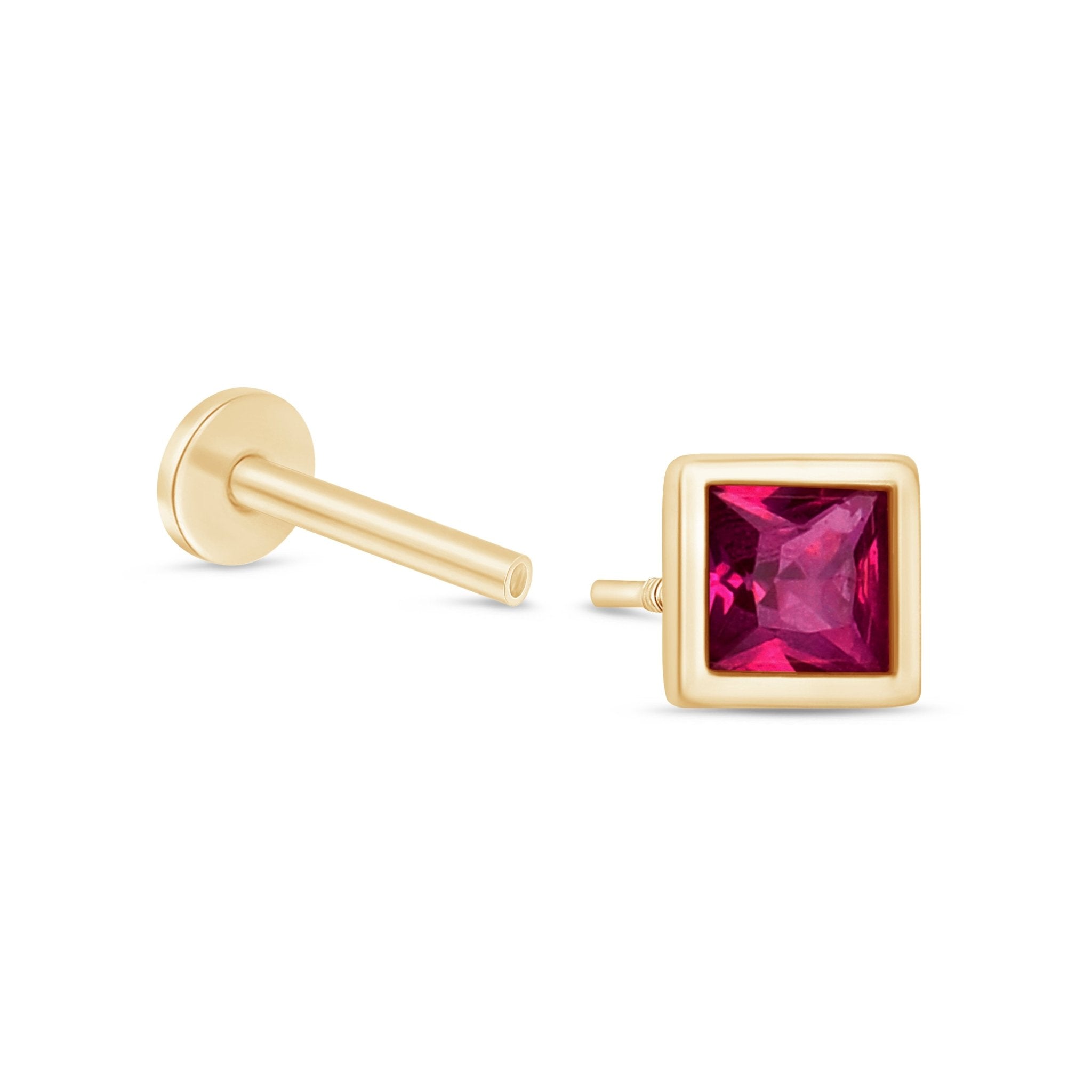 Princess Cut Pink Ruby Flat Back Stud Bezel Set in Solid 14k Yellow Gold
