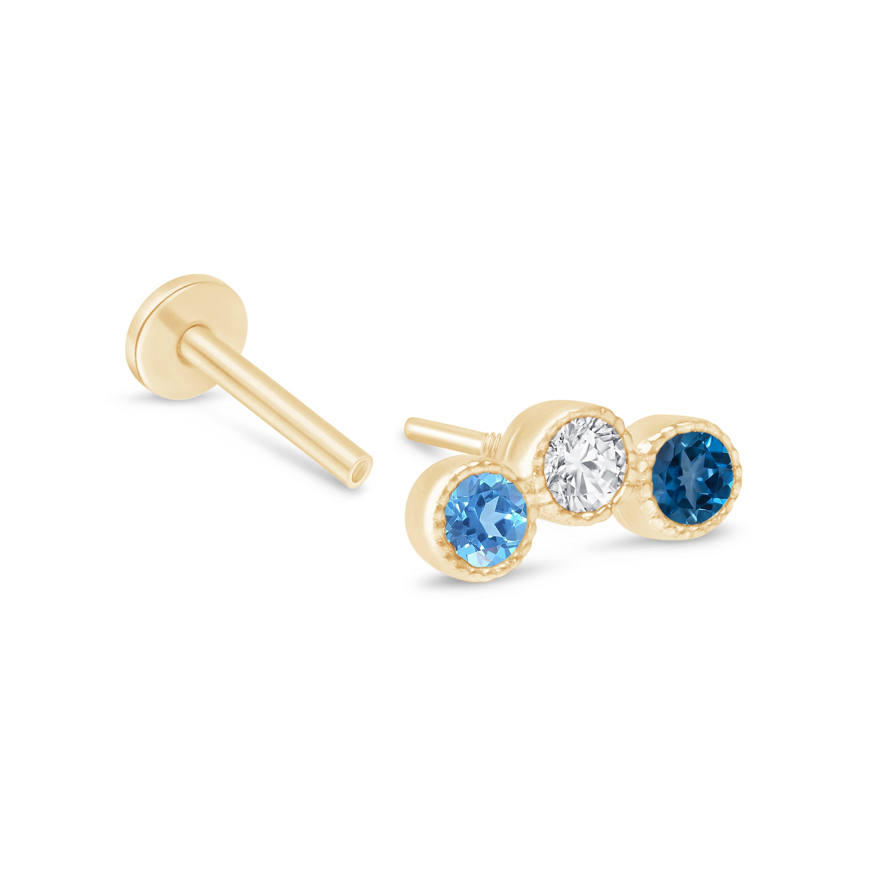 Triple Topaz Flat Back Stud Milgrain Set in Solid 14k Yellow Gold