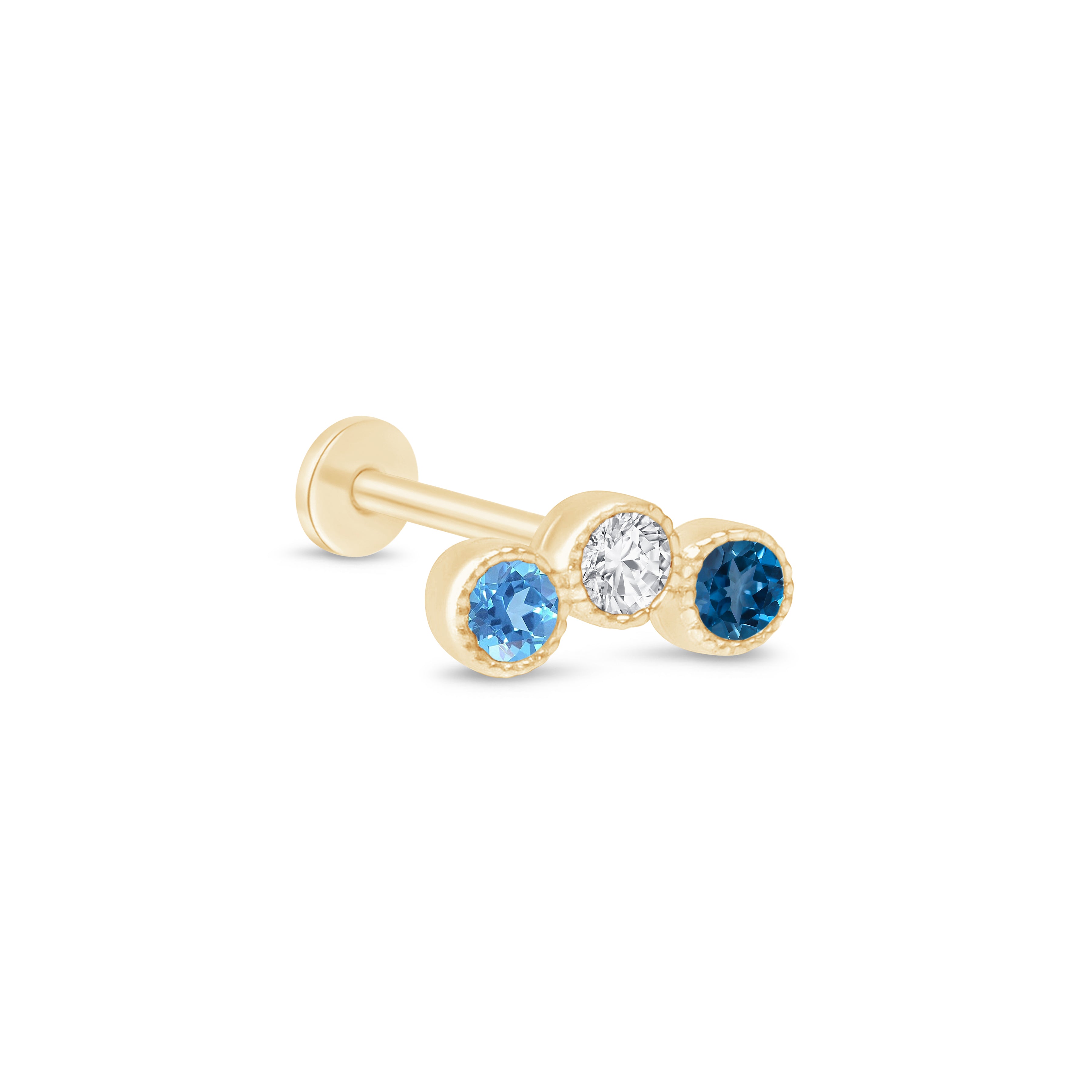Triple Topaz Flat Back Stud Milgrain Set in Solid 14k Yellow Gold
