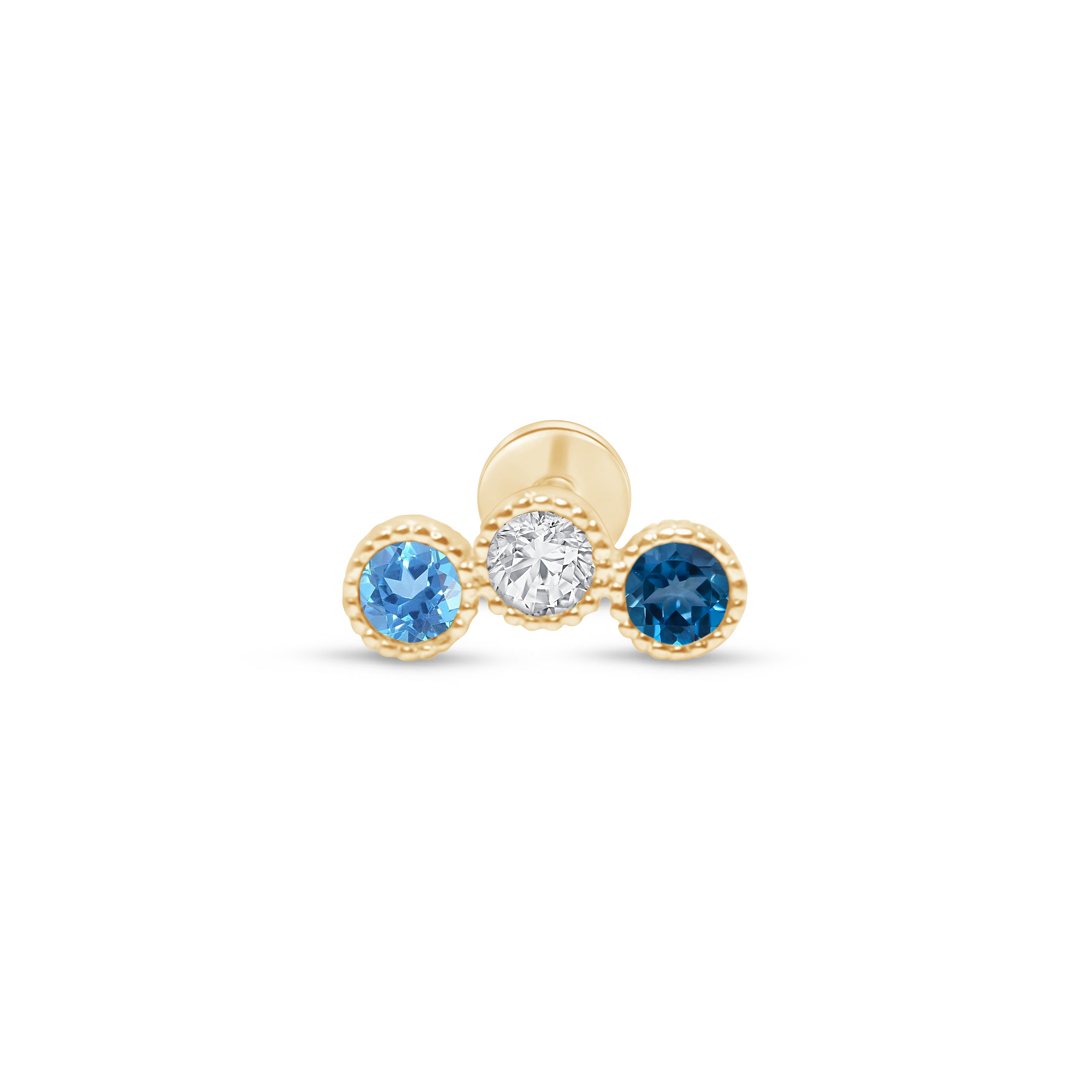 Triple Topaz Flat Back Stud Milgrain Set in Solid 14k Yellow Gold