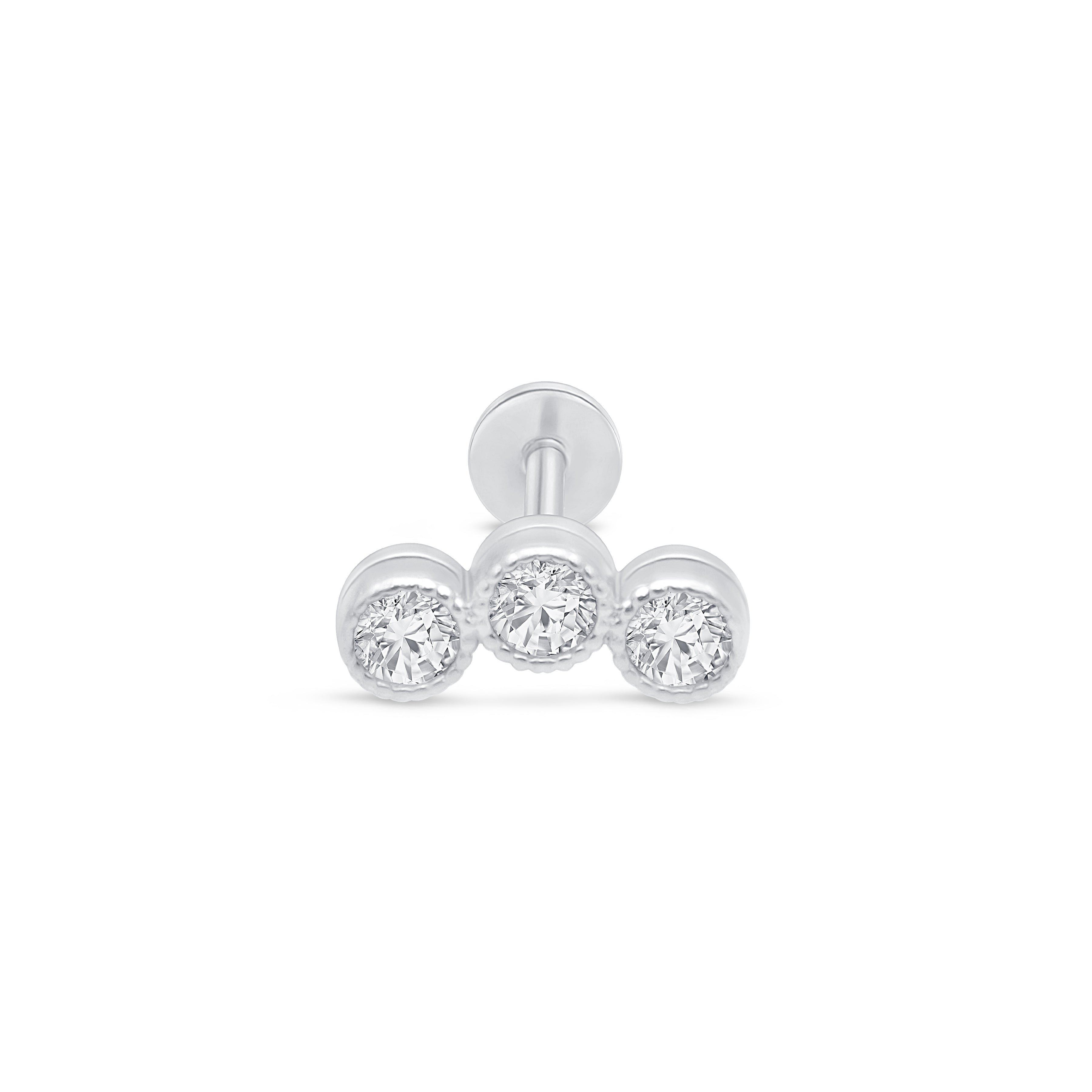 Triple Gemstone Flat Back Stud Milgrain Set in Solid 14k White Gold