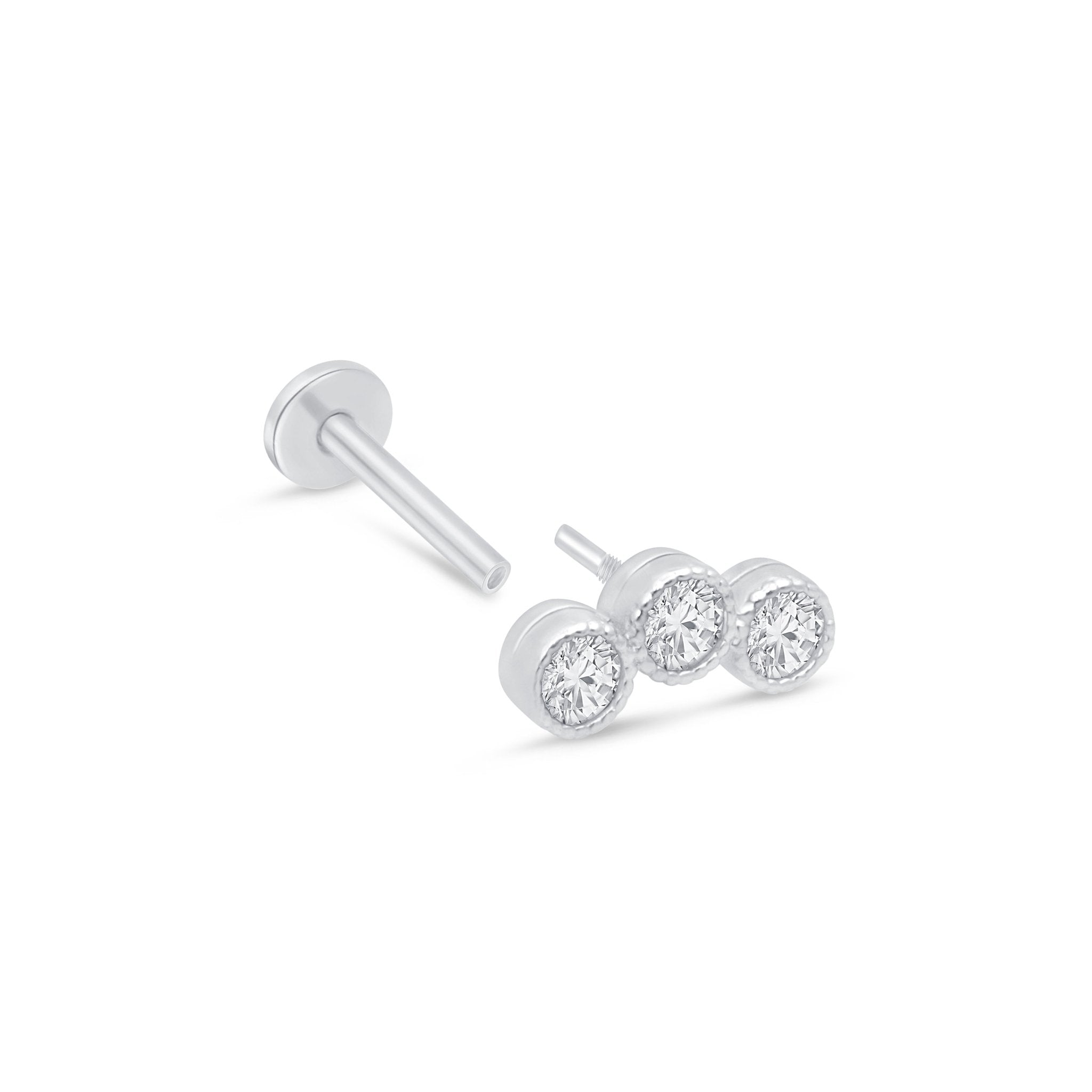 Triple Gemstone Flat Back Stud Milgrain Set in Solid 14k White Gold