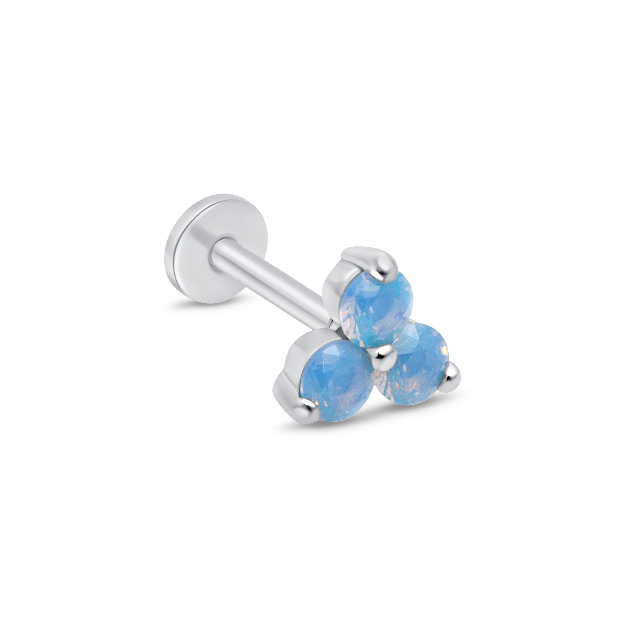Blue Opal Trinity Cluster Flat Back Stud in Solid 14k White Gold