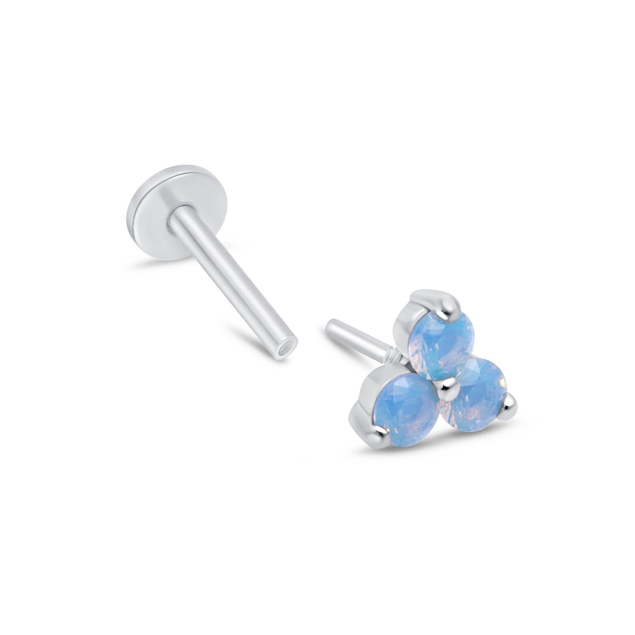 Blue Opal Trinity Cluster Flat Back Stud in Solid 14k White Gold