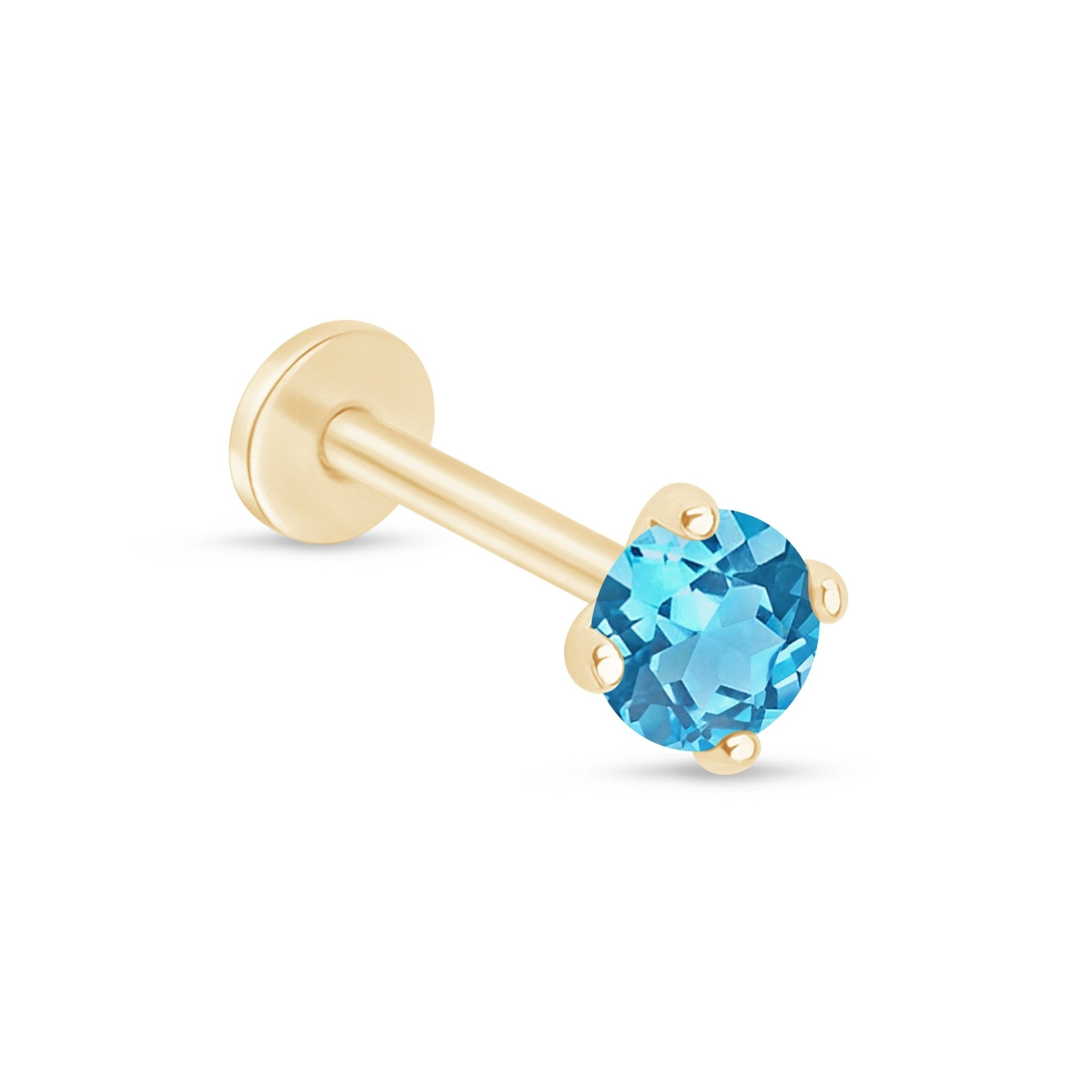 Blue Topaz Cartilage Flat Back Stud in Solid 14k Yellow Gold