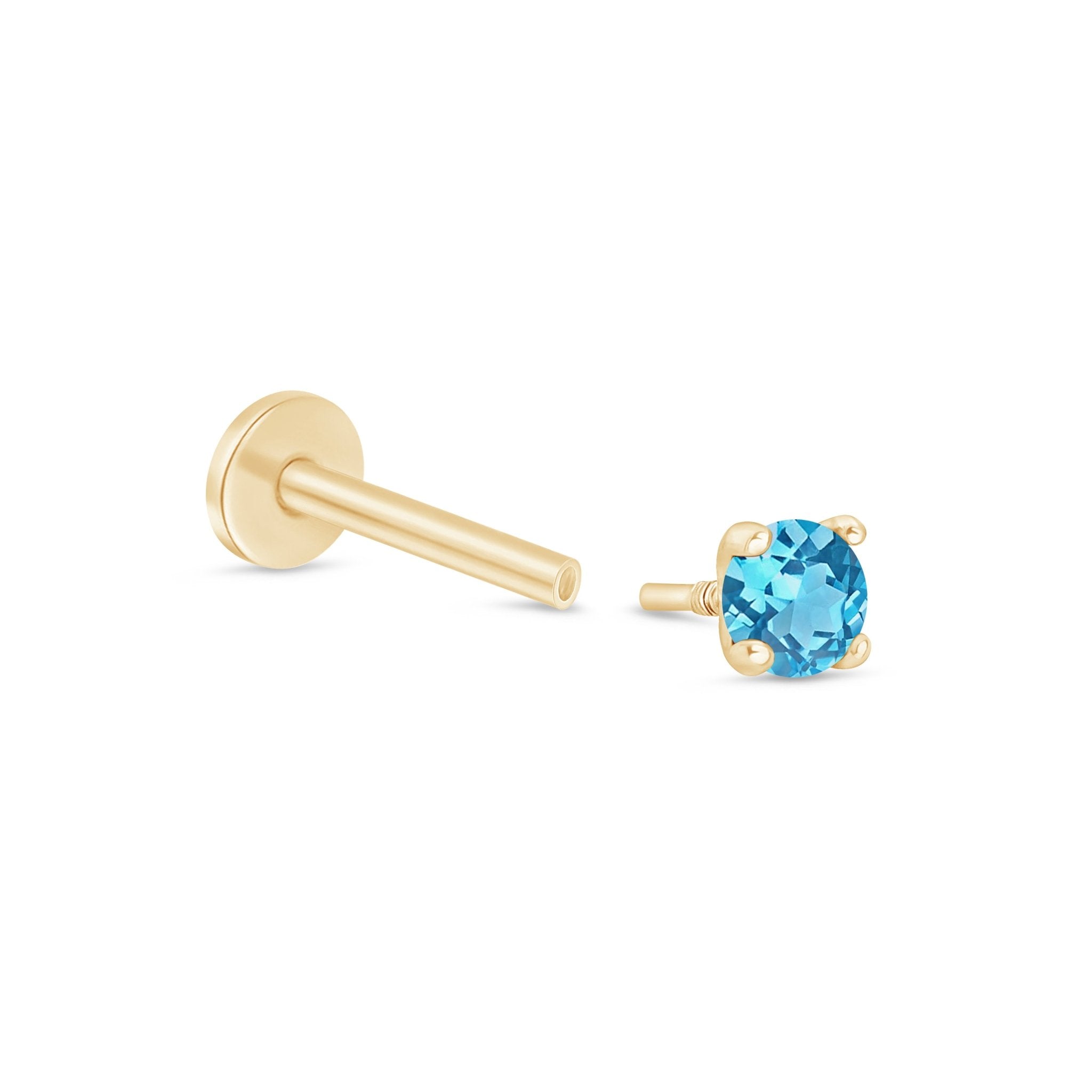 Blue Topaz Cartilage Flat Back Stud in Solid 14k Yellow Gold
