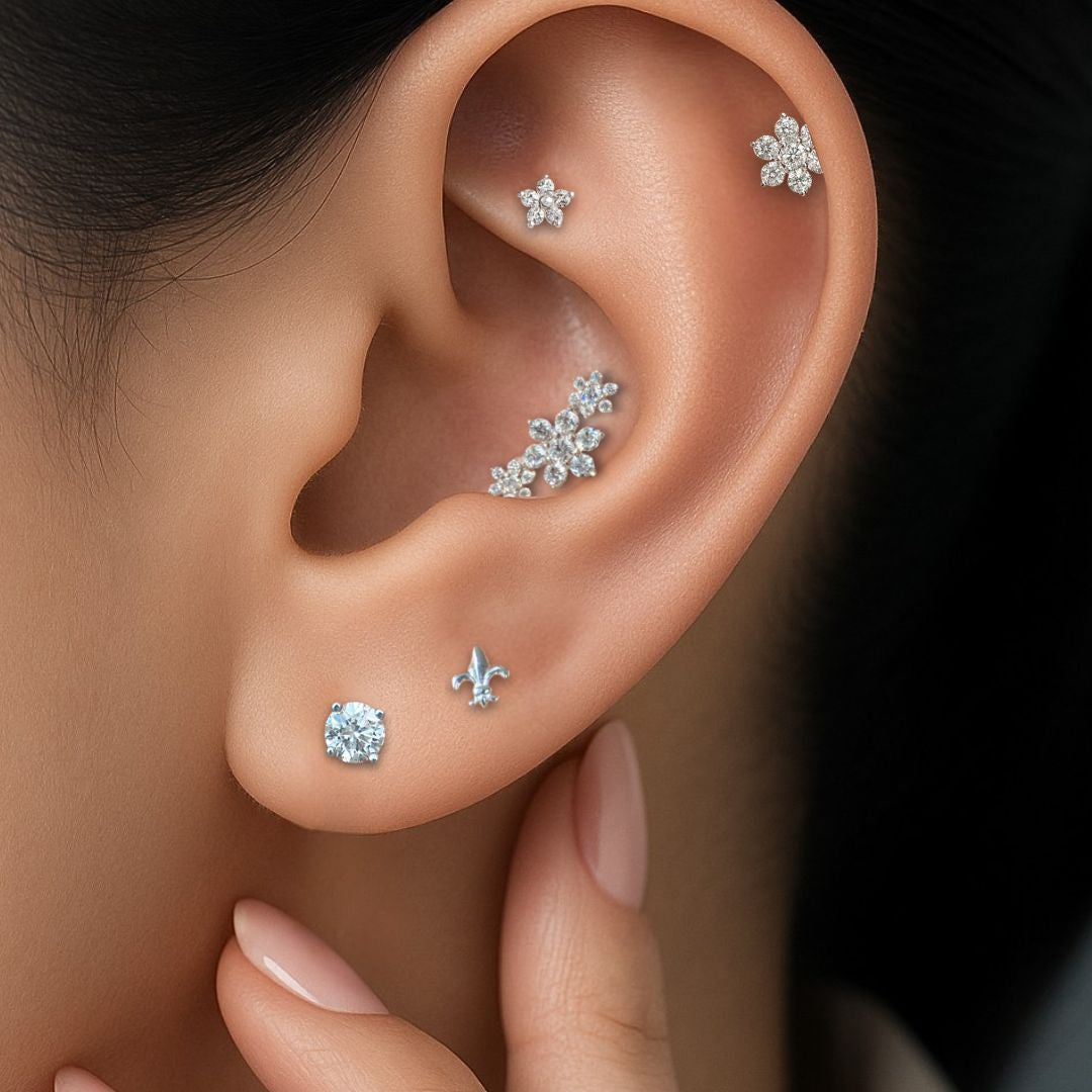 White Gold Seven Diamond Flower Flat Back Earring