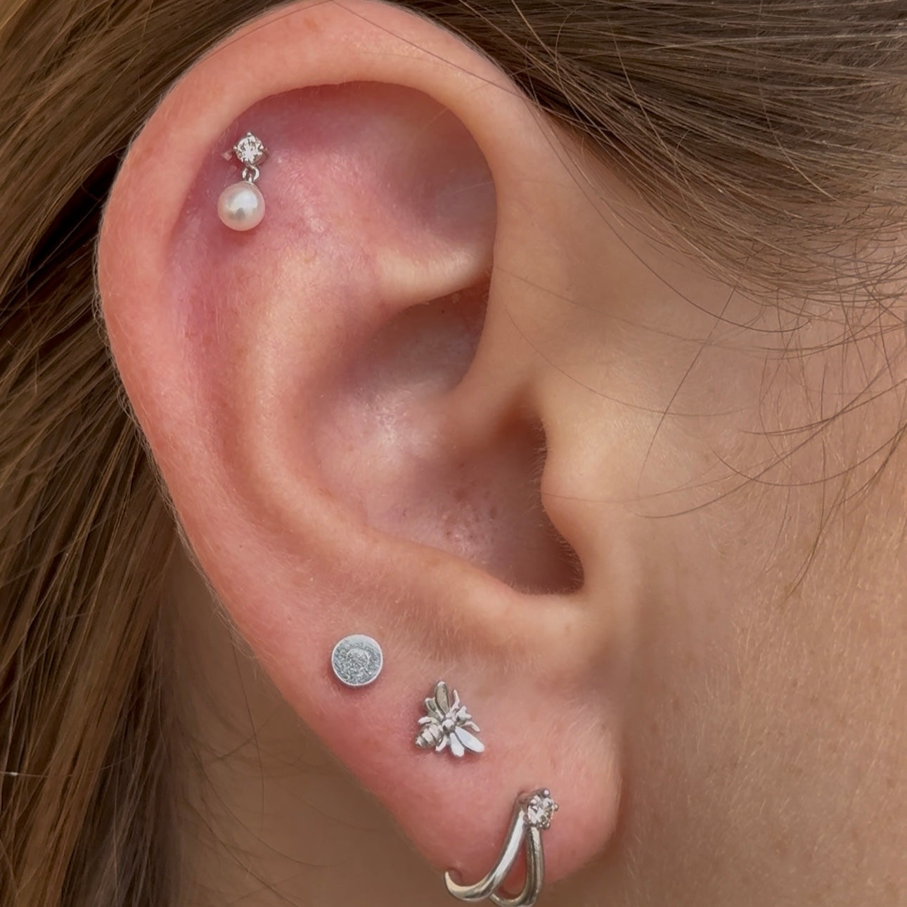Diamond And Pearl Drop Flat Back Stud in Solid 14k White Gold