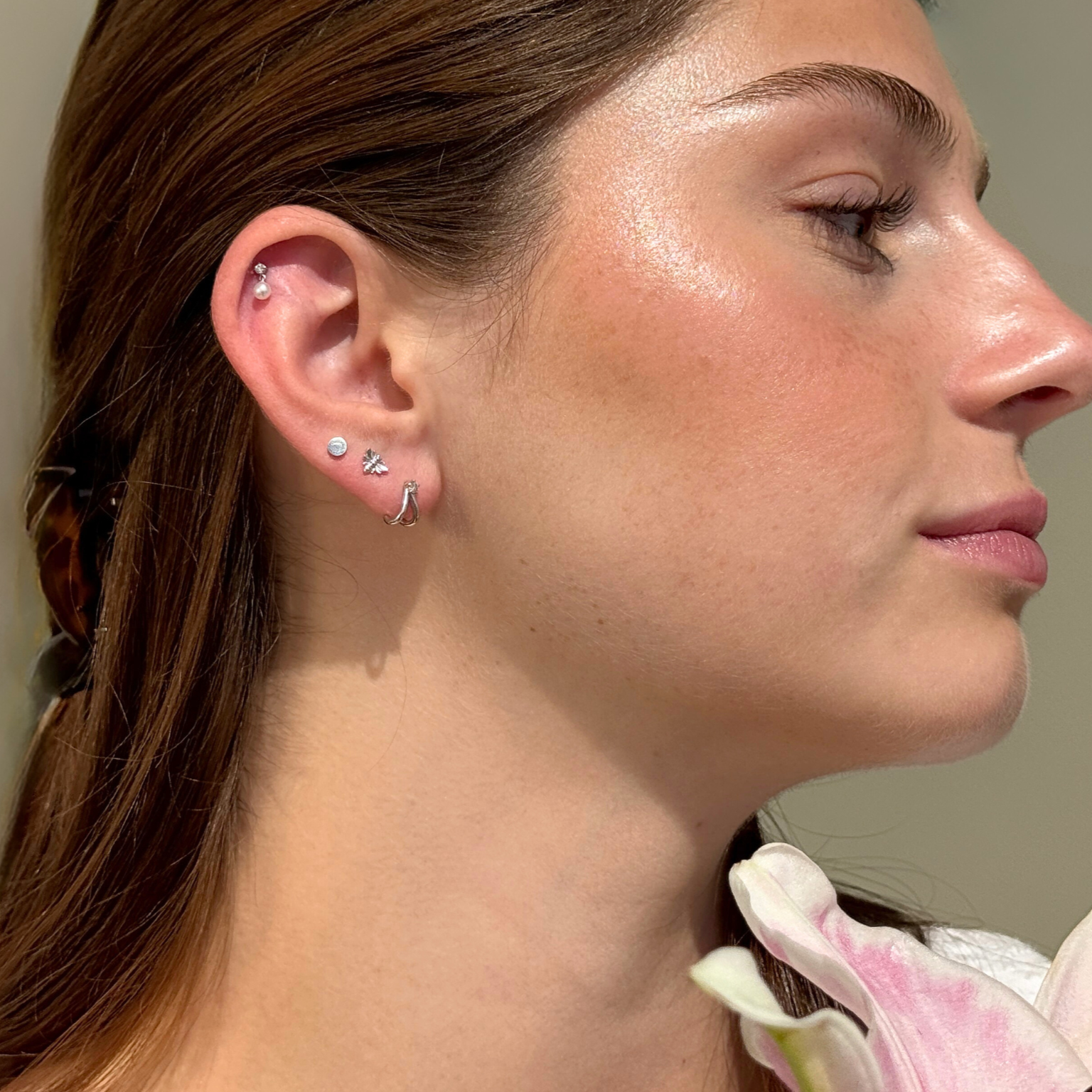 Diamond And Pearl Drop Flat Back Stud in Solid 14k White Gold