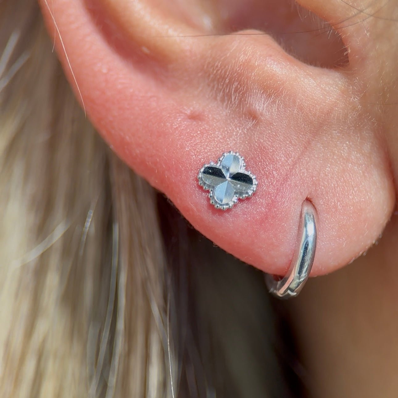 Diamond Cut Solid 14k White Gold Clover Flat Back Stud